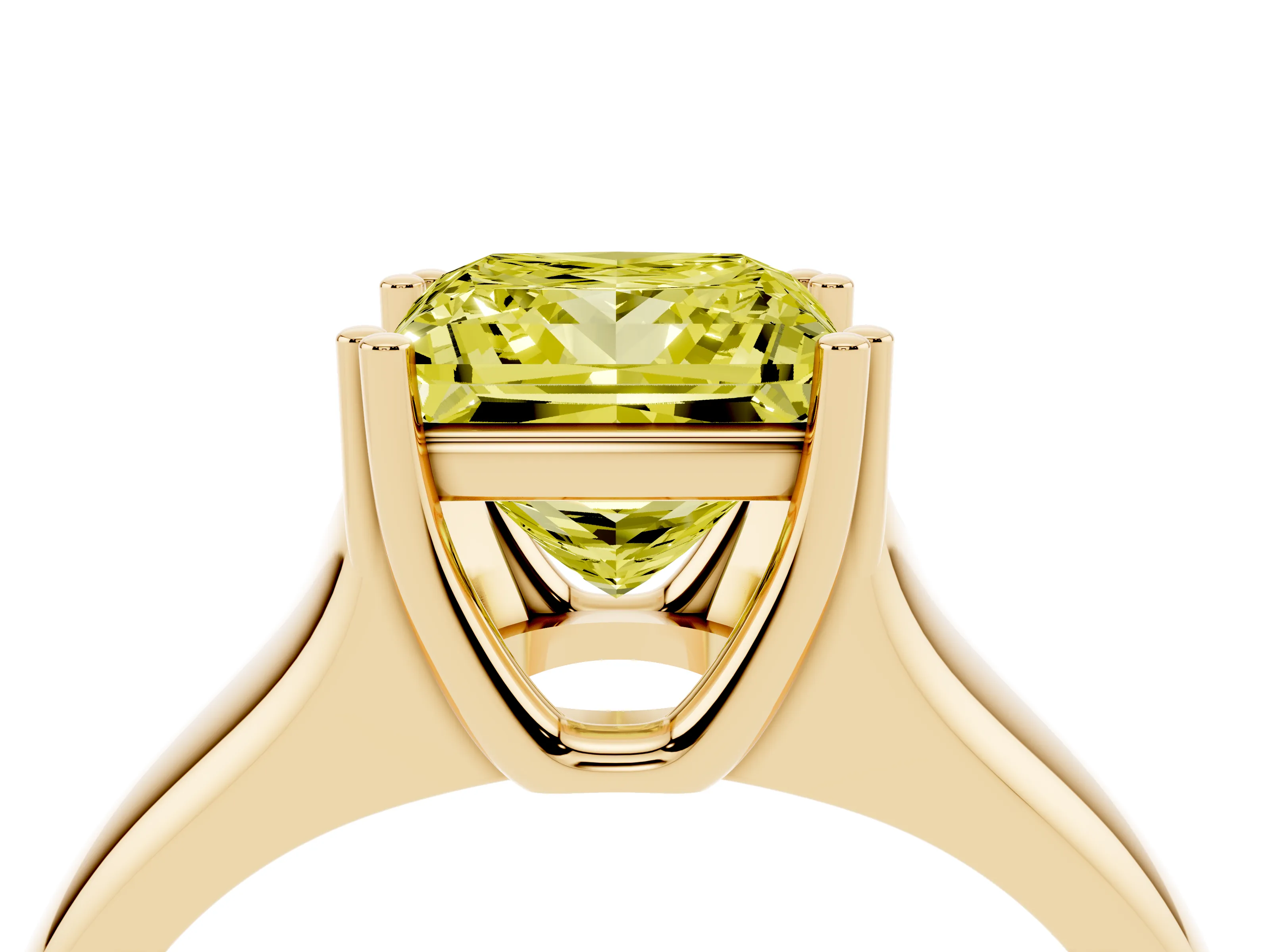 Fancy Yellow Princess Cut Diamond Solitaire Ring Set in Yellow gold with Wide Band and Prong Setting
