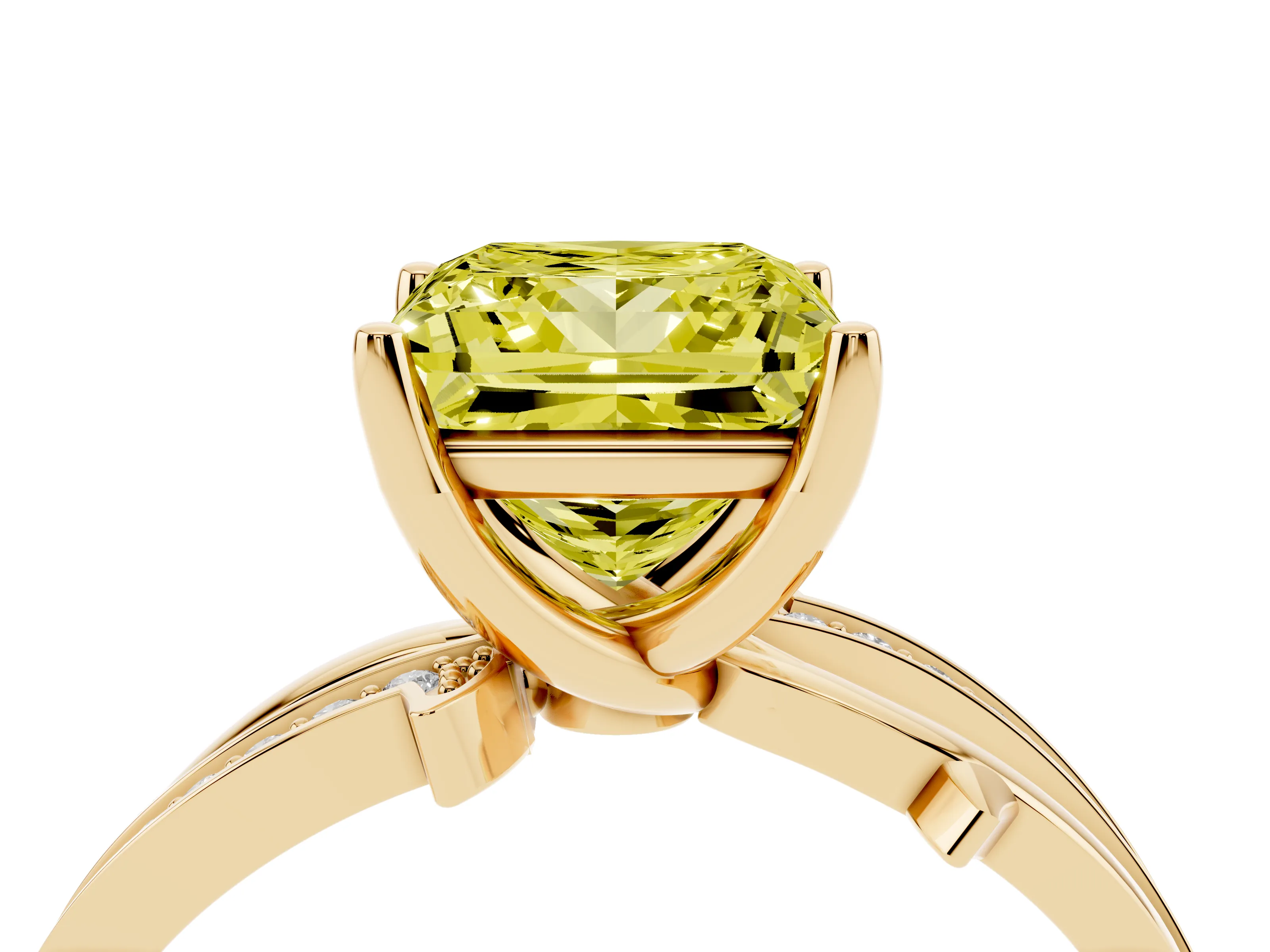 Fancy Yellow Princess Cut Diamond Pavé Twist Band Solitaire Ring Set in Yellow gold with Prong Setting