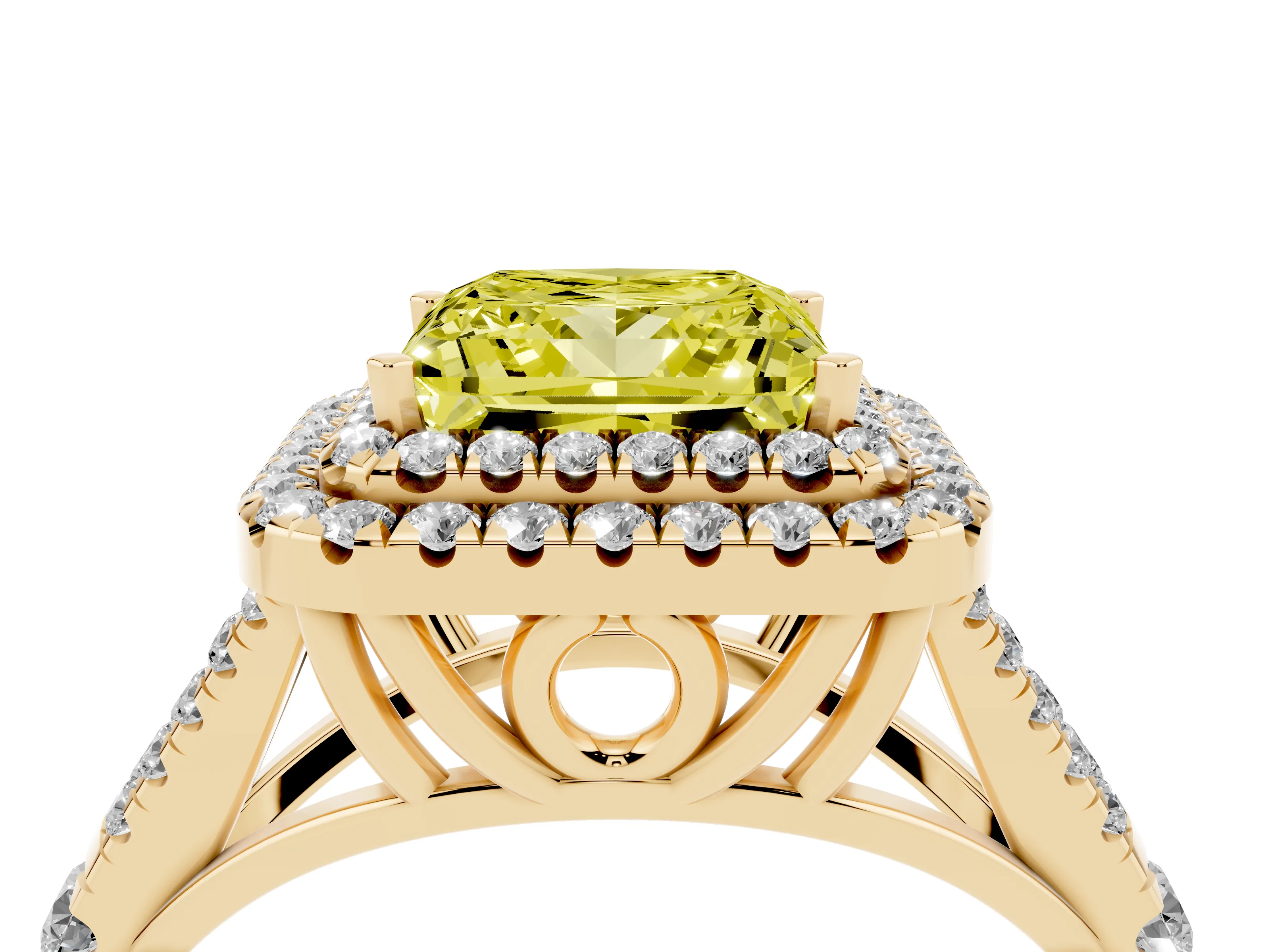 Fancy Yellow Princess Cut Diamond Pavé Split Shank Double Halo Engagement Ring Set in Yellow gold