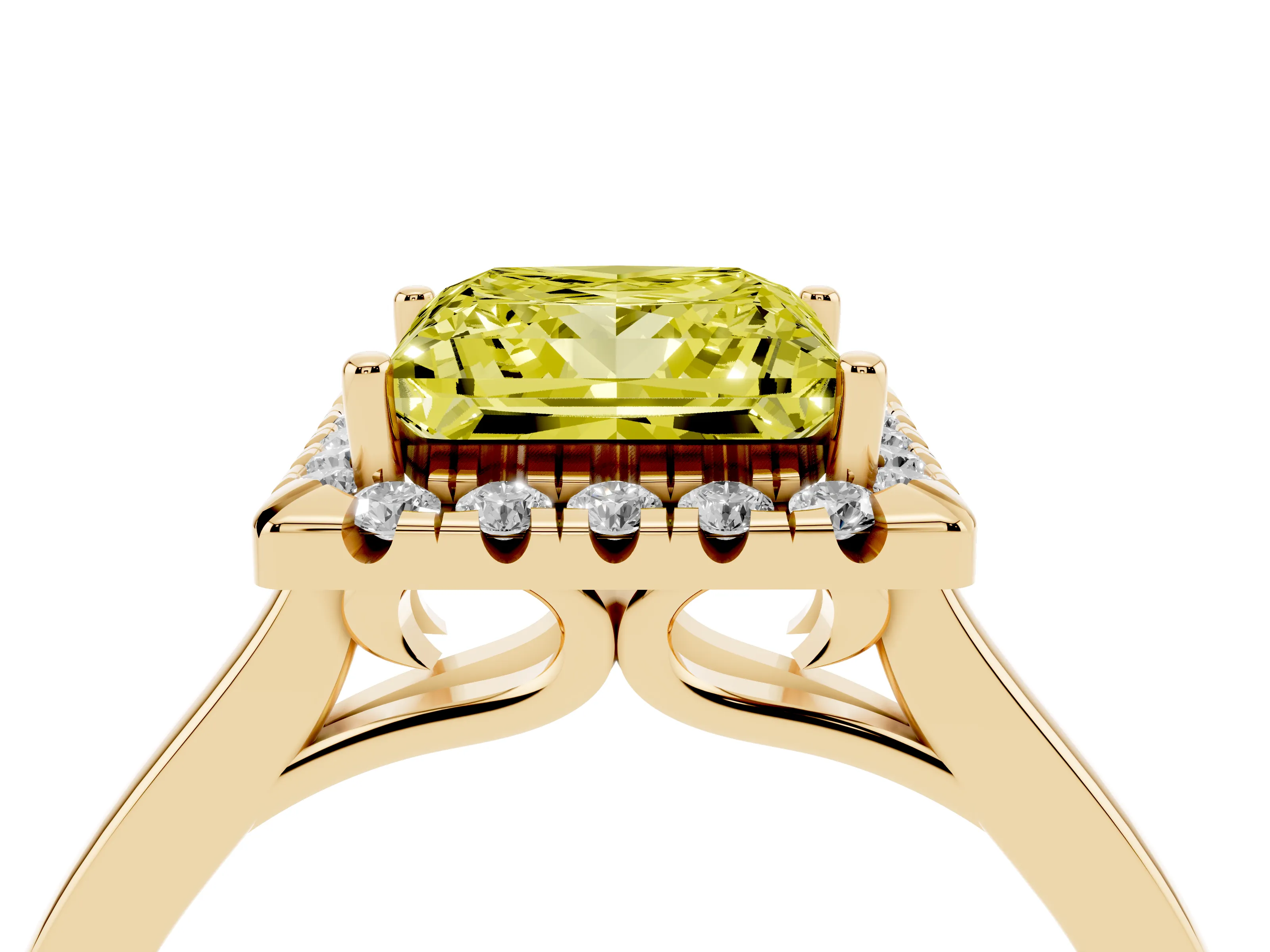 Fancy Yellow Princess Cut Halo Round Diamond Solitaire Ring Set in Yellow gold with Pavé Band and Prong Setting