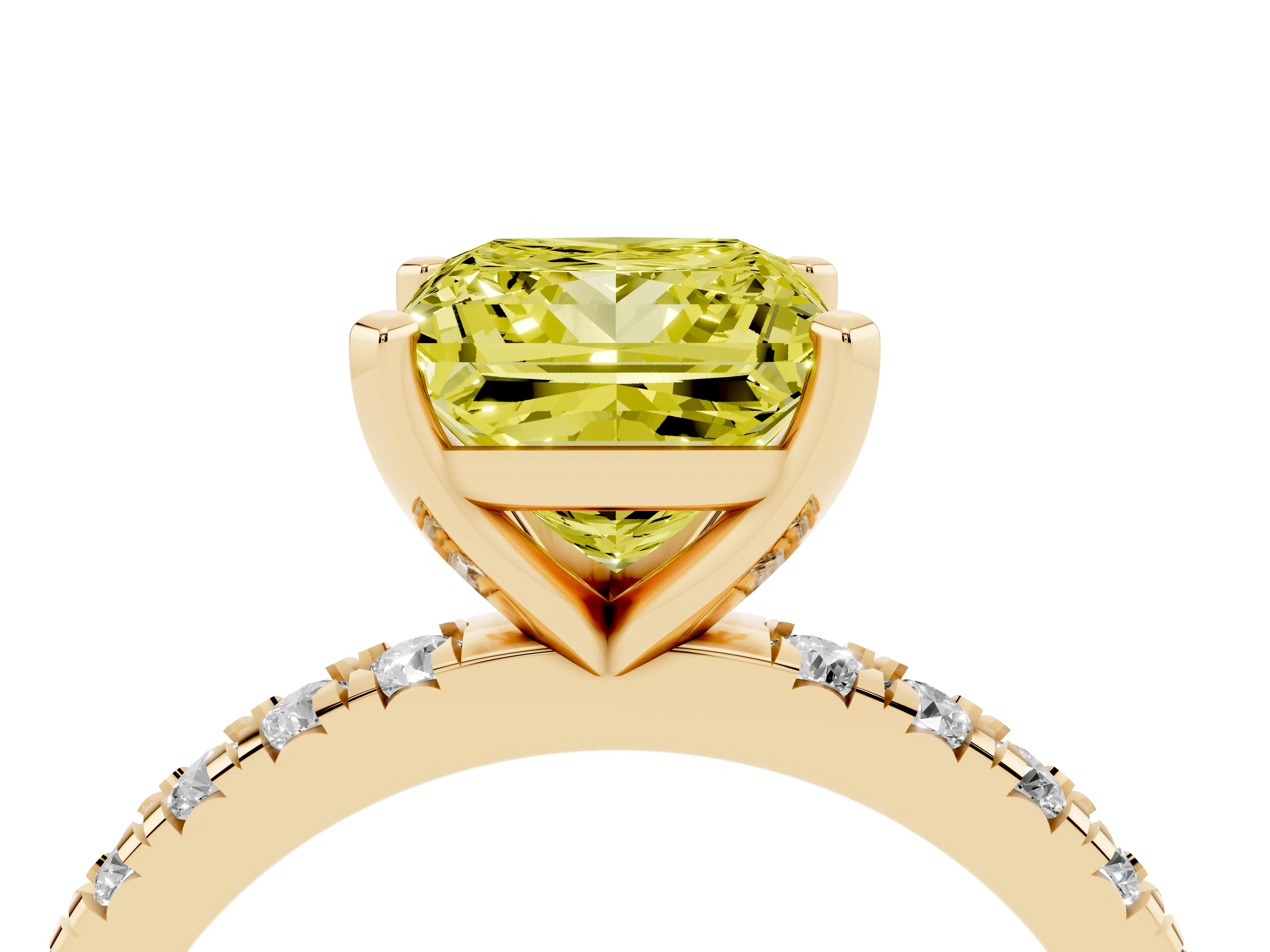 Fancy Yellow Princess Cut Diamond Pavé Band Solitaire Set in Yellow gold with Prong Setting