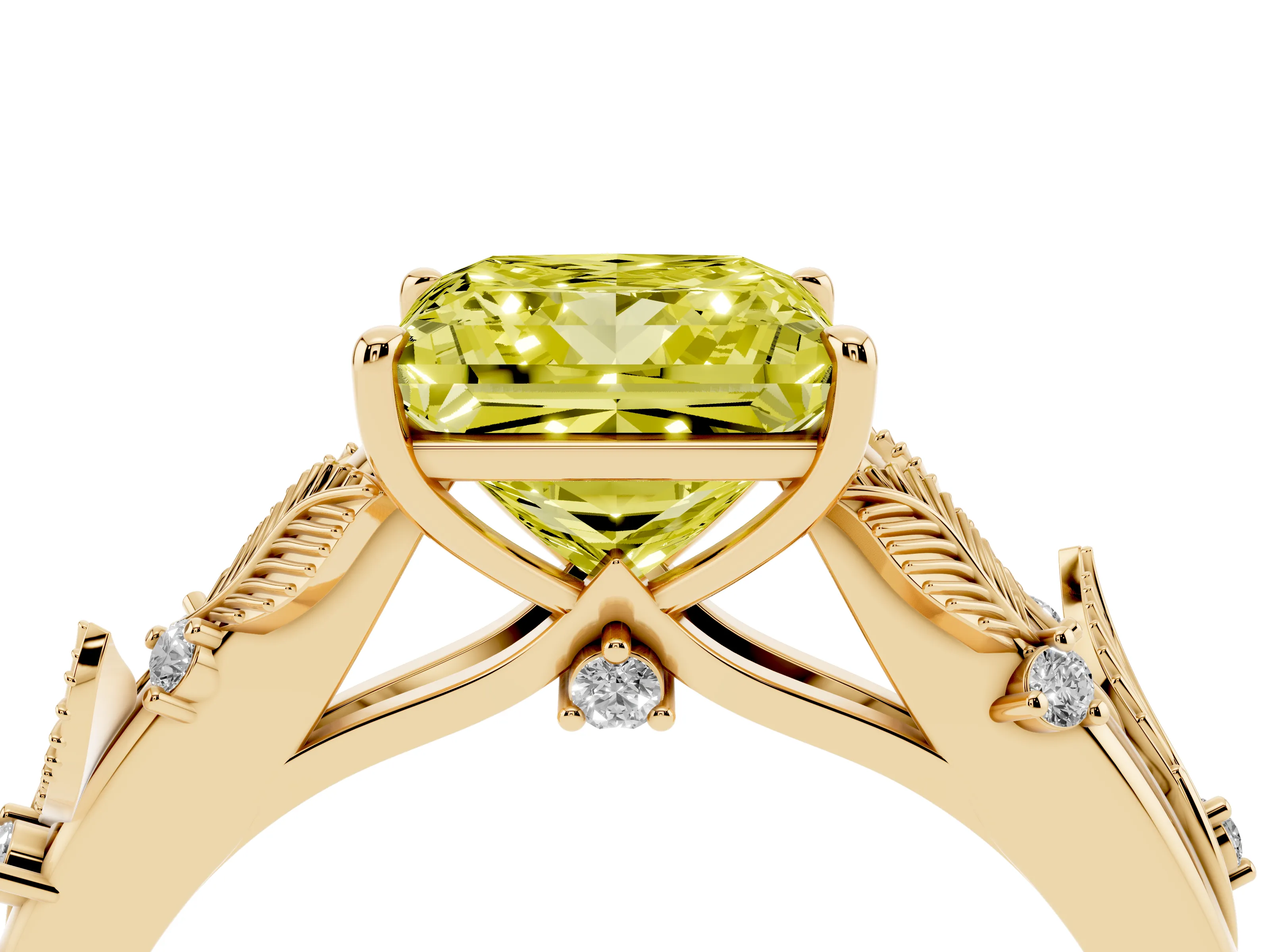 Fancy Yellow Princess Cut Diamond Solitaire Ring Set in Yellow gold with Leaf Motif Band