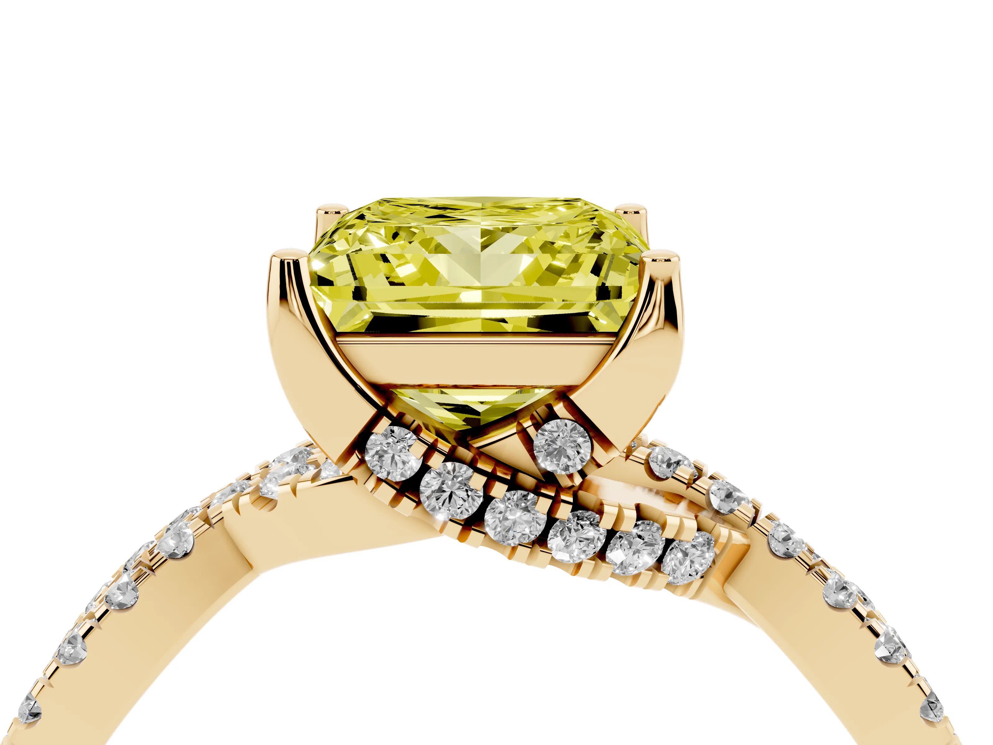 Fancy Yellow Princess Cut Diamond Twist Pavé Solitaire Engagement Ring Set in Yellow gold with Prong Setting
