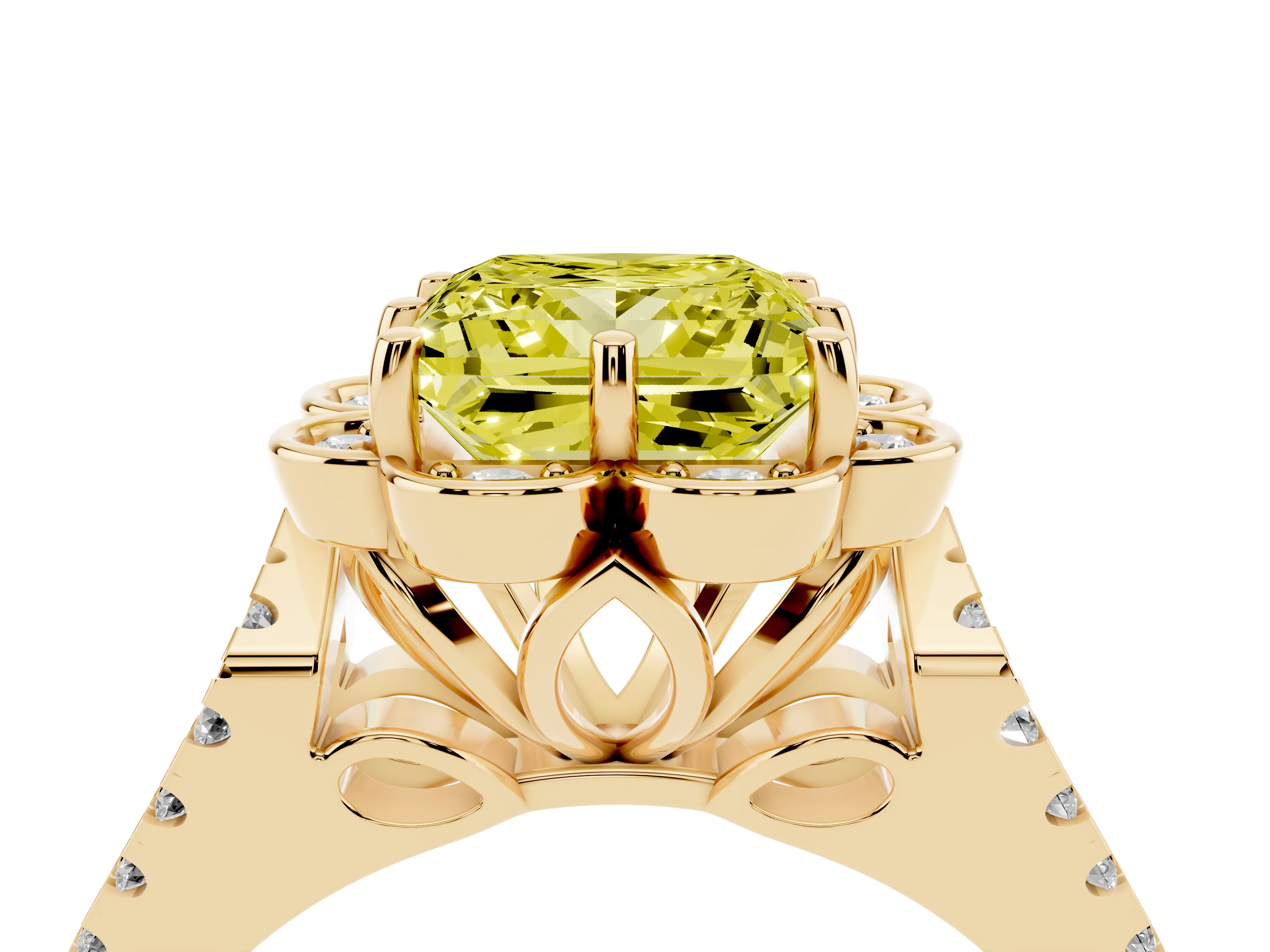 Fancy Yellow Princess Cut Diamond Floral Halo Split Shank Engagement Ring Set in Yellow gold with Pavé Shank