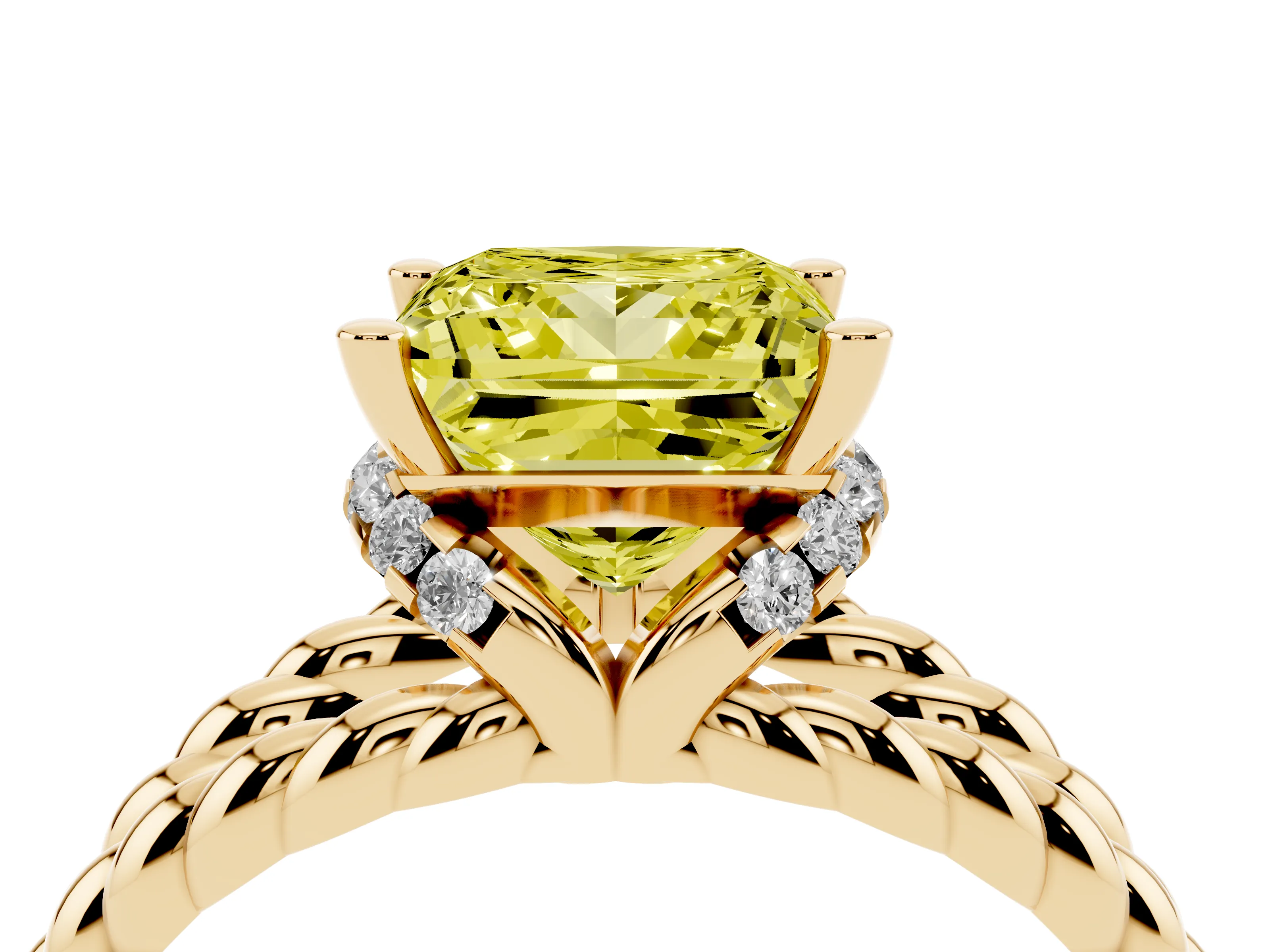 Fancy Yellow Princess Cut Diamond Halo Ring Set in Yellow gold with Twisted Band and Prong Setting