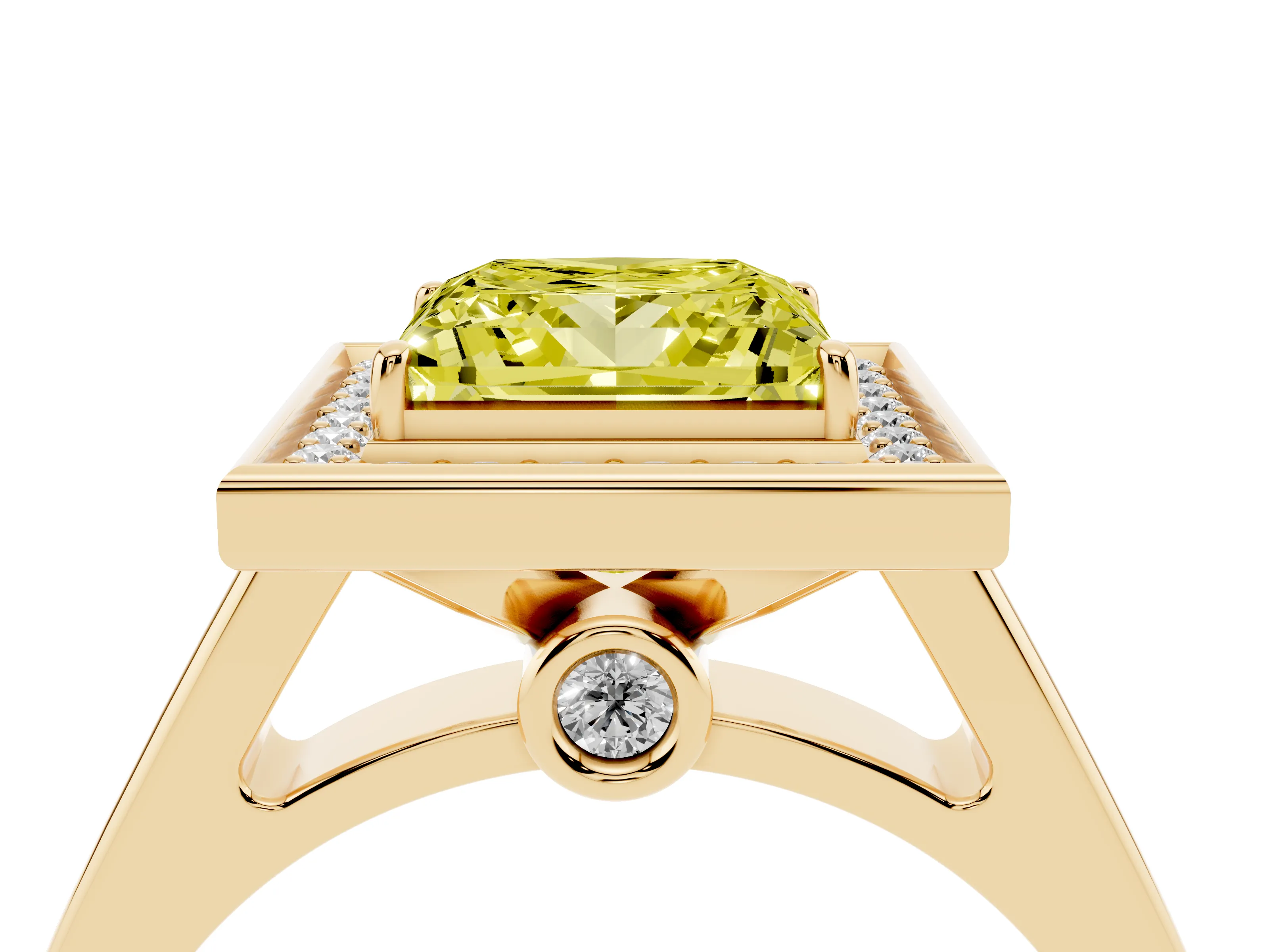 Fancy Yellow Princess Cut Diamond Halo Solitaire Ring Set in Yellow gold with Pavé Band and Bezel Setting