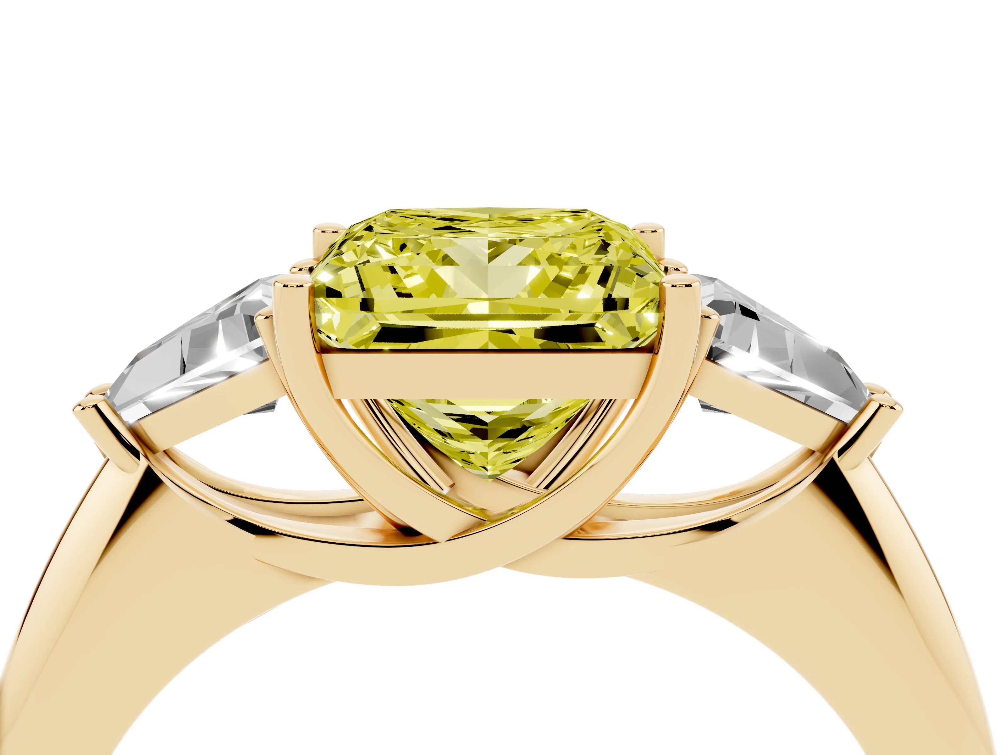 Fancy Yellow Princess Cut Diamond Three-Stone Engagement Ring Set in Yellow gold with Trillion Side Stones