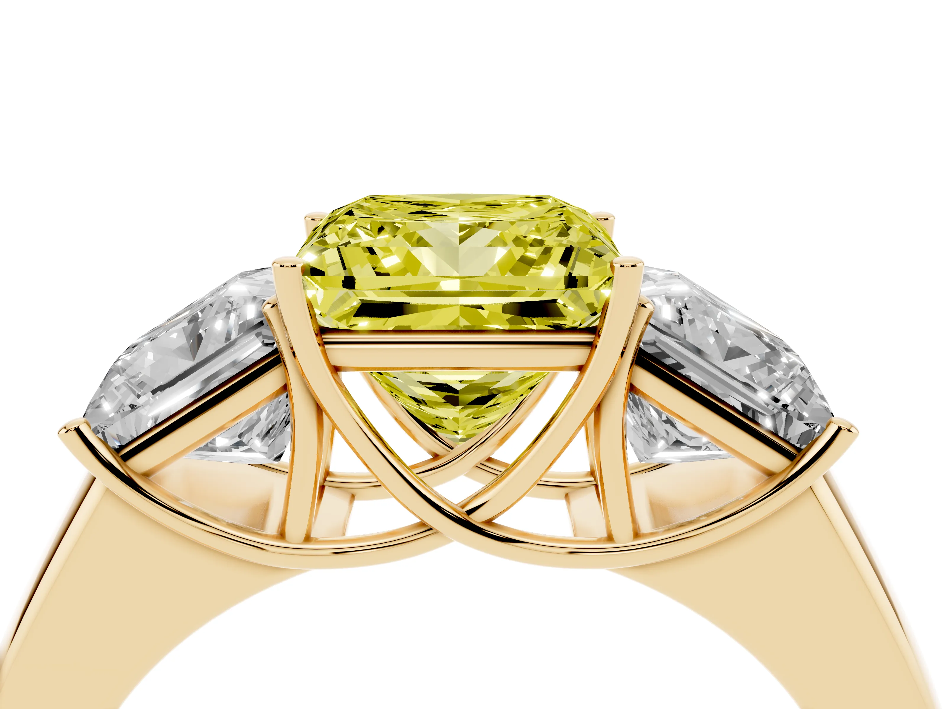 Fancy Yellow Three-Stone Princess Cut Diamond Ring Set in Yellow gold with Matching Prong Settings and Plain Band