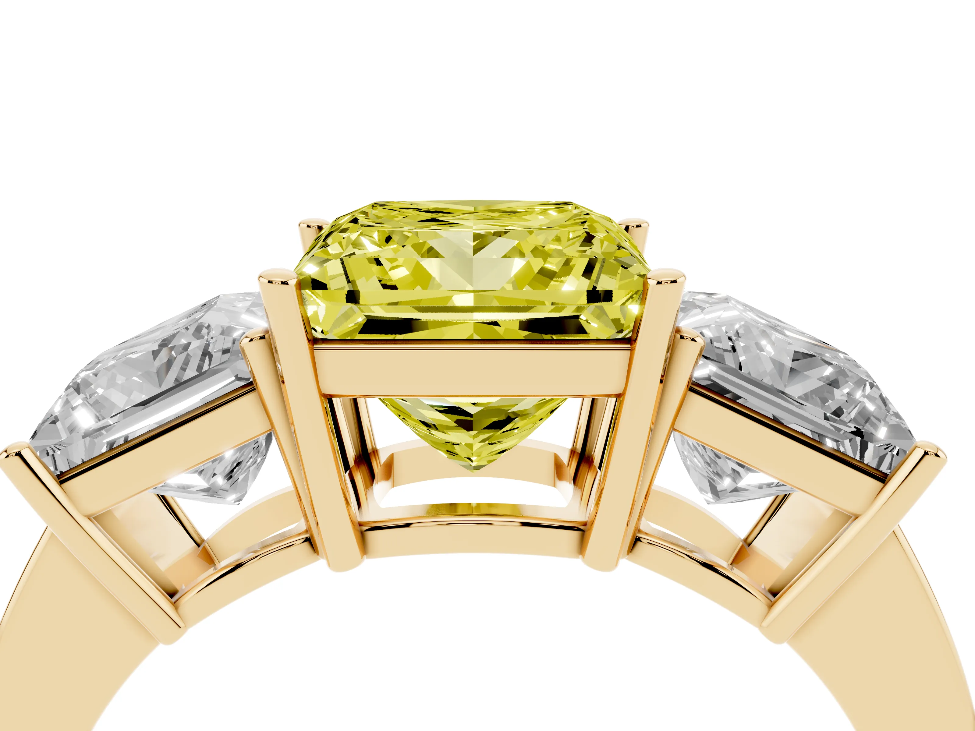 Fancy Yellow Princess Cut Diamond Three-Stone Engagement Ring Set in Yellow gold with Flat Band