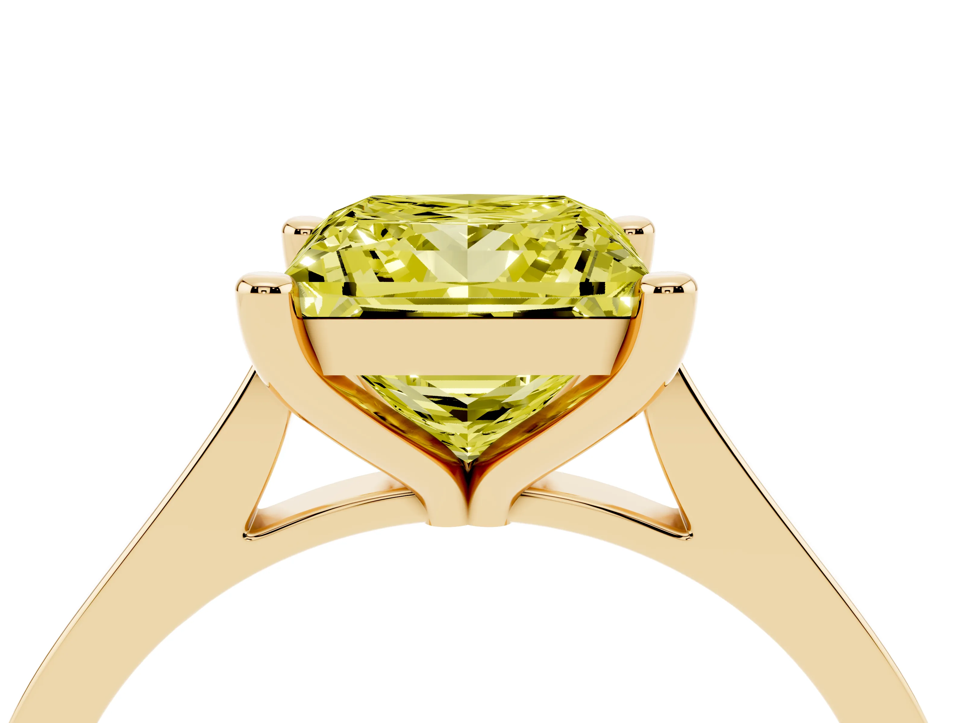 Fancy Yellow Princess Cut Diamond Solitaire Ring Set in Yellow gold with Prong Setting and Tapered Band