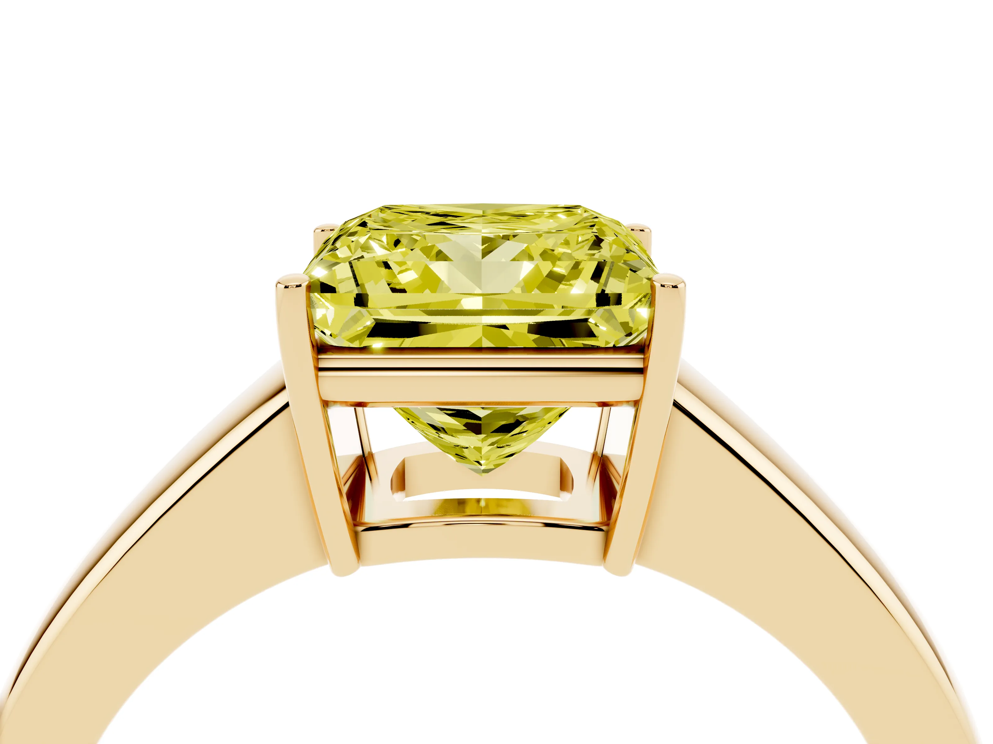 Fancy Yellow Princess Cut Diamond Solitaire Ring Set in Yellow gold with Tapered Band and Prong Setting