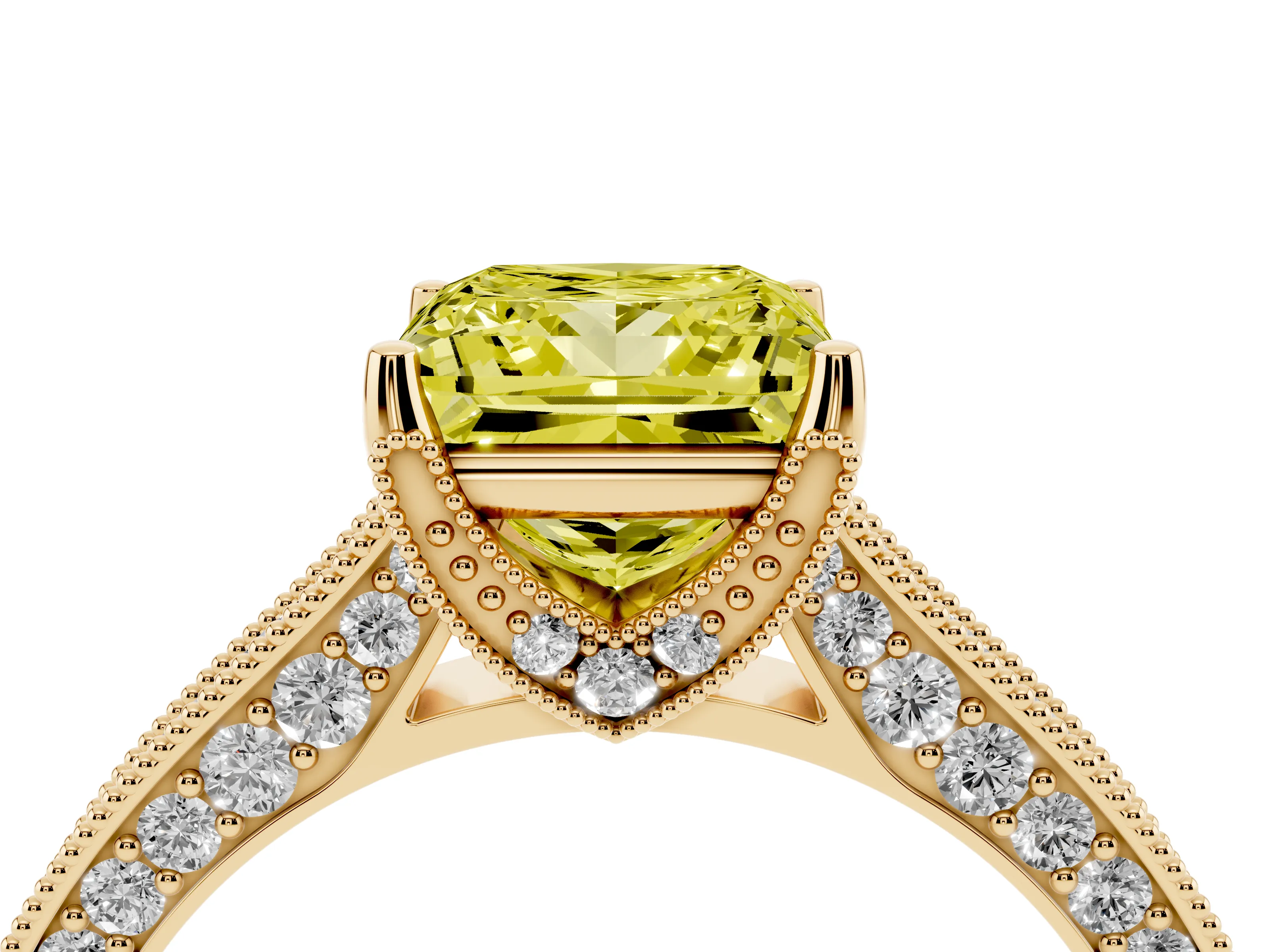 Fancy Yellow Princess Cut Diamond Solitaire Ring Set in Yellow gold with Milgrain-Edged Pavé Band and Prong Setting