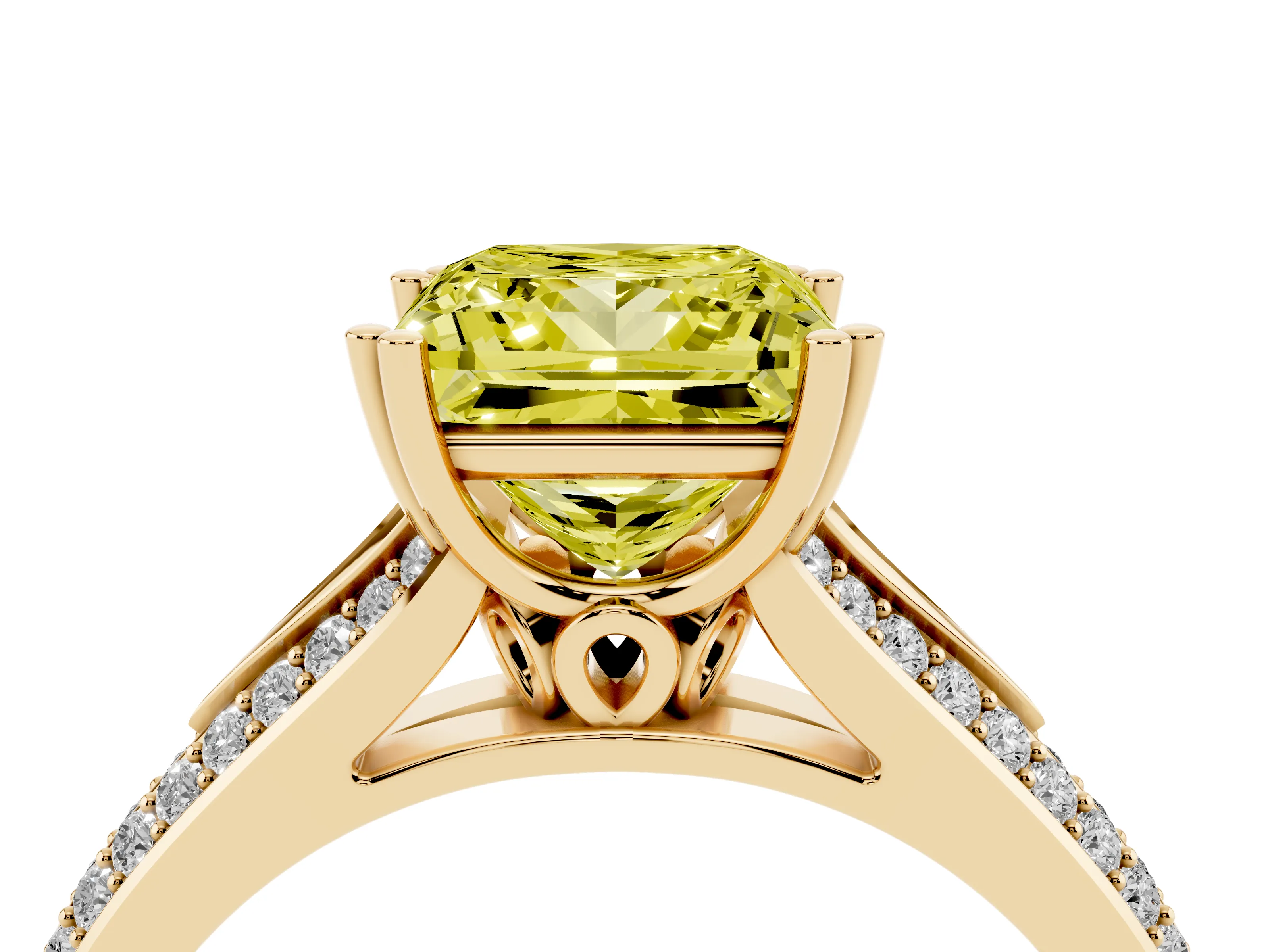 Fancy Yellow Princess Cut Diamond Split Shank Pavé Engagement Ring Set in Yellow gold with Prong-Set Center Stone