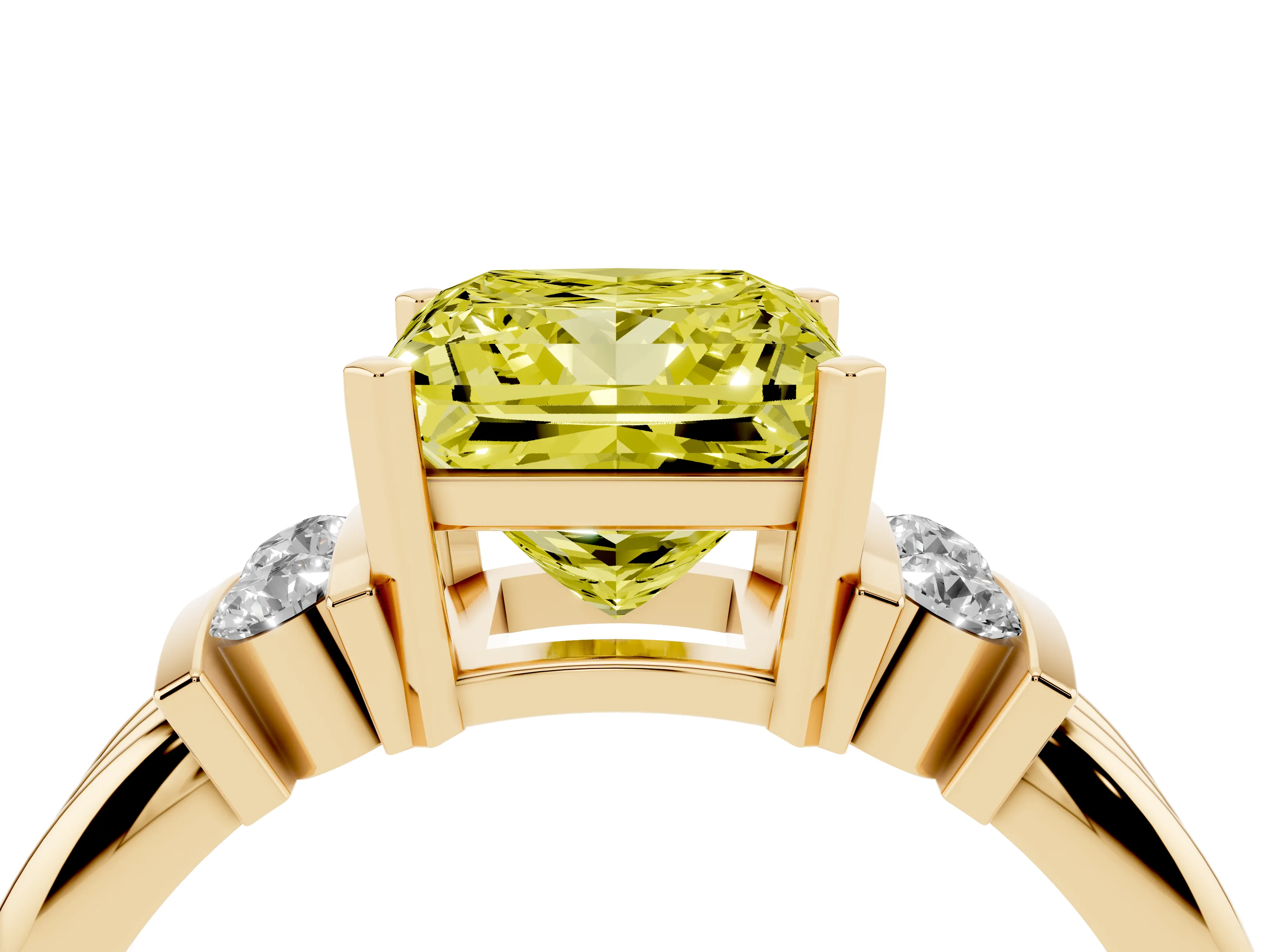 Fancy Yellow Three-Stone Princess Cut Diamond Channel Set Ring Set in Yellow gold with Bar Prongs