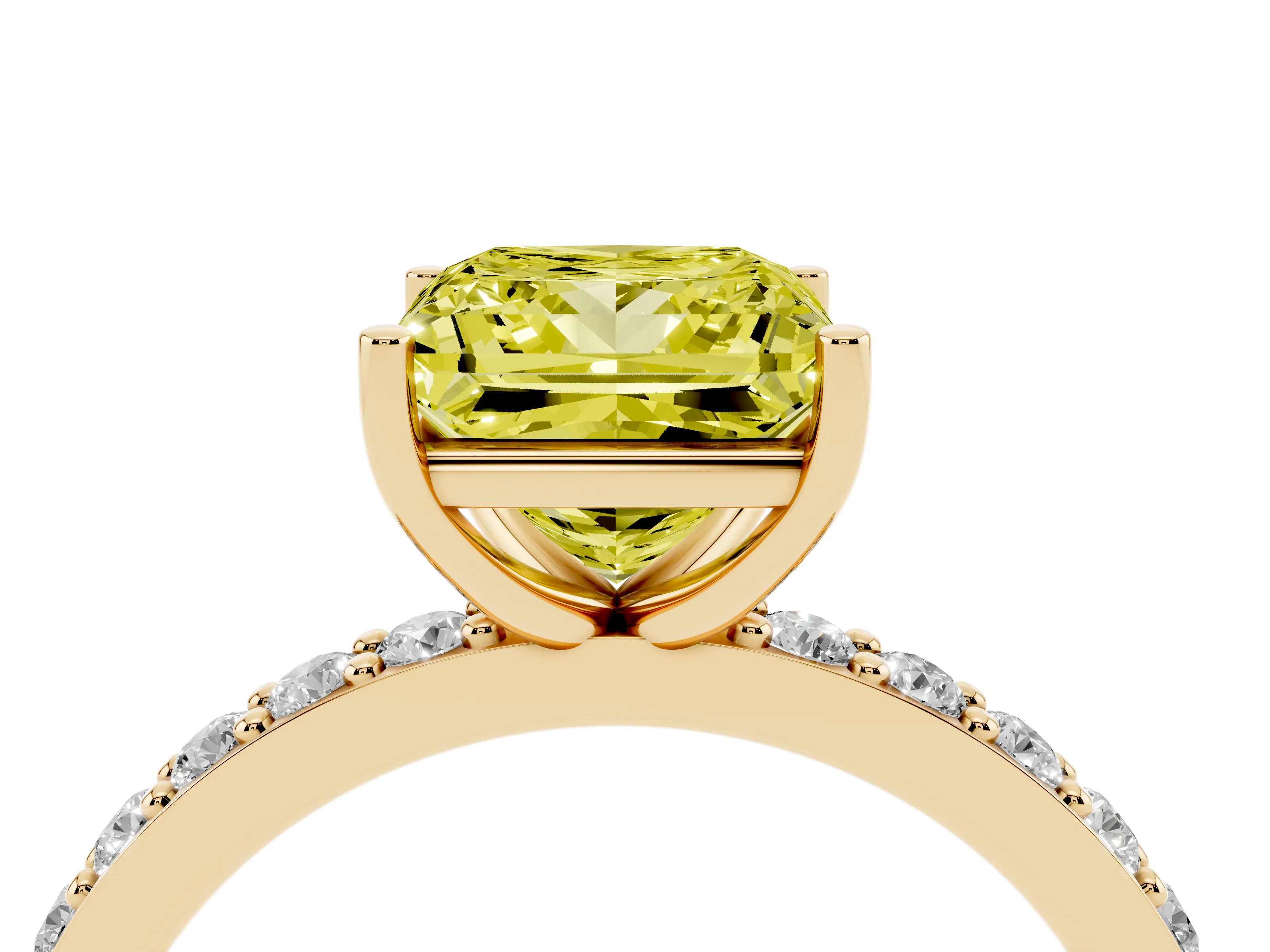 Fancy Yellow Princess Cut Diamond Solitaire Set in Yellow gold with Round Pavé Band and Prong Setting