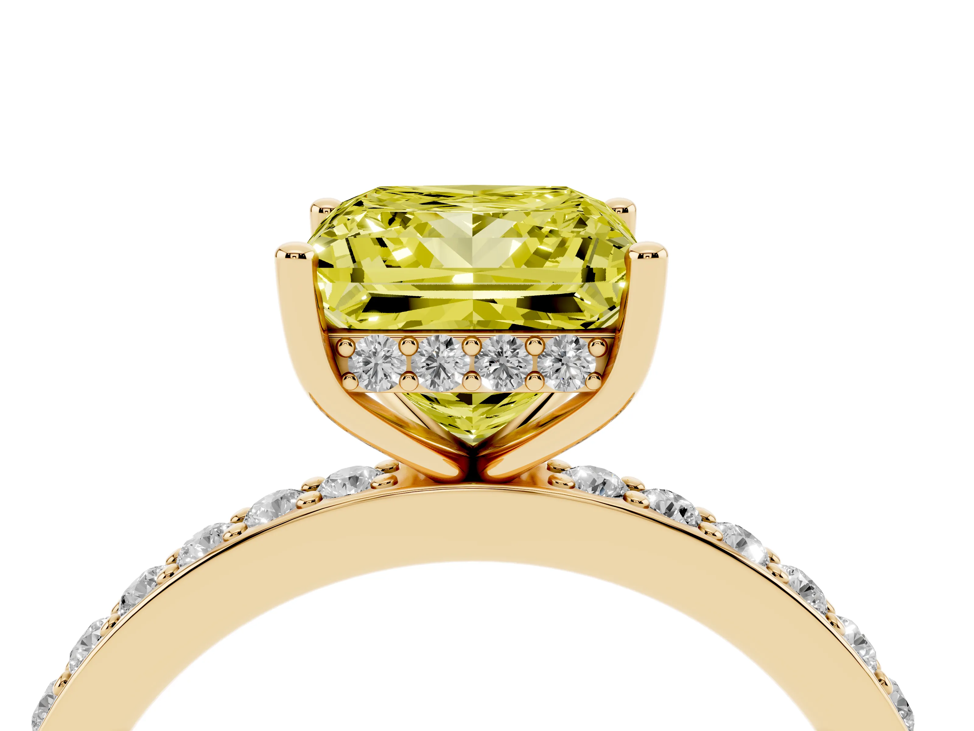 Fancy Yellow Princess Cut Diamond Pavé Band Ring Set in Yellow gold with Prong-Set Center Stone