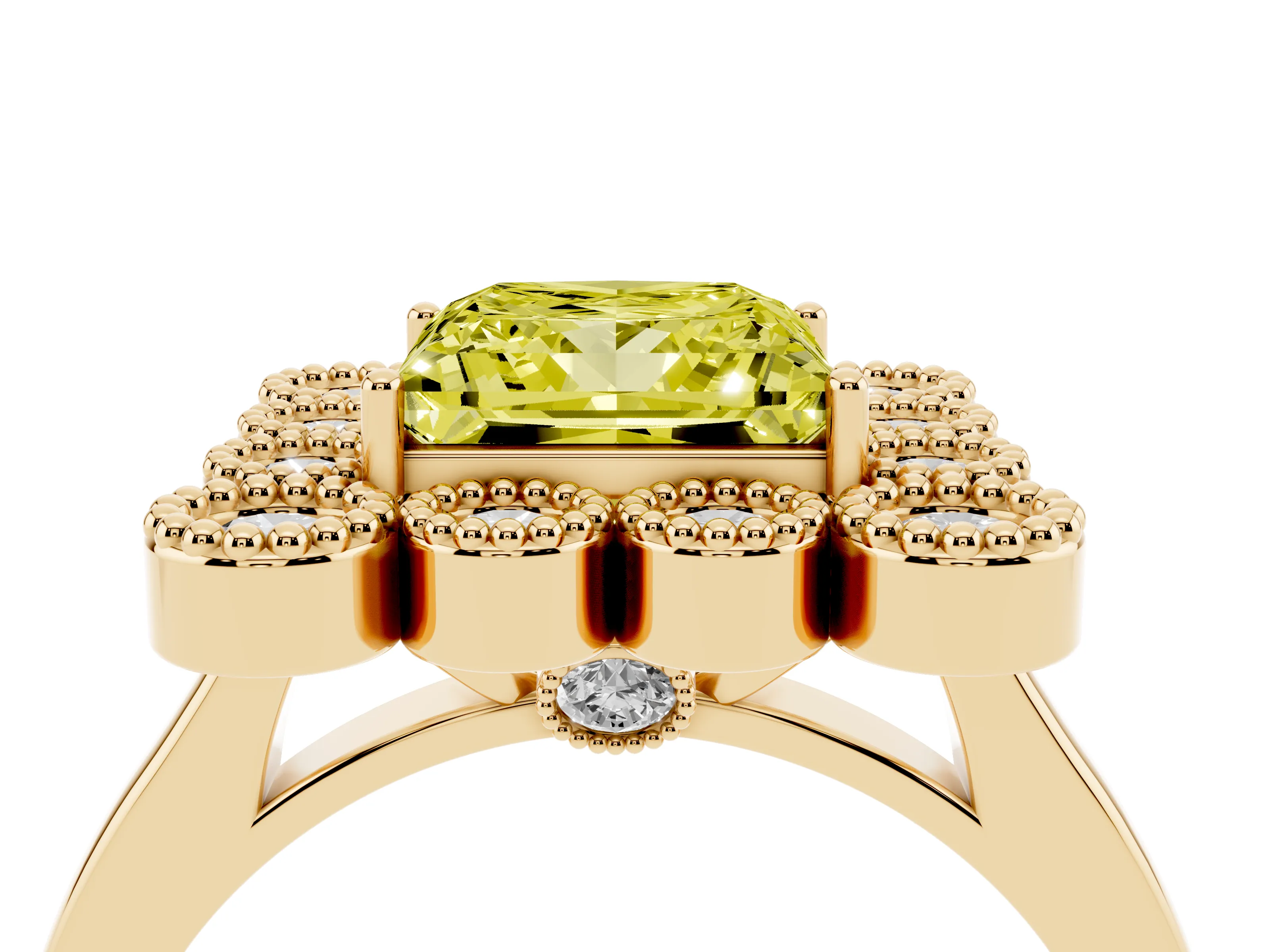 Fancy Yellow Princess Cut Diamond Cluster Halo Ring Set in Yellow gold with Milgrain Bezel Accents and Plain Band