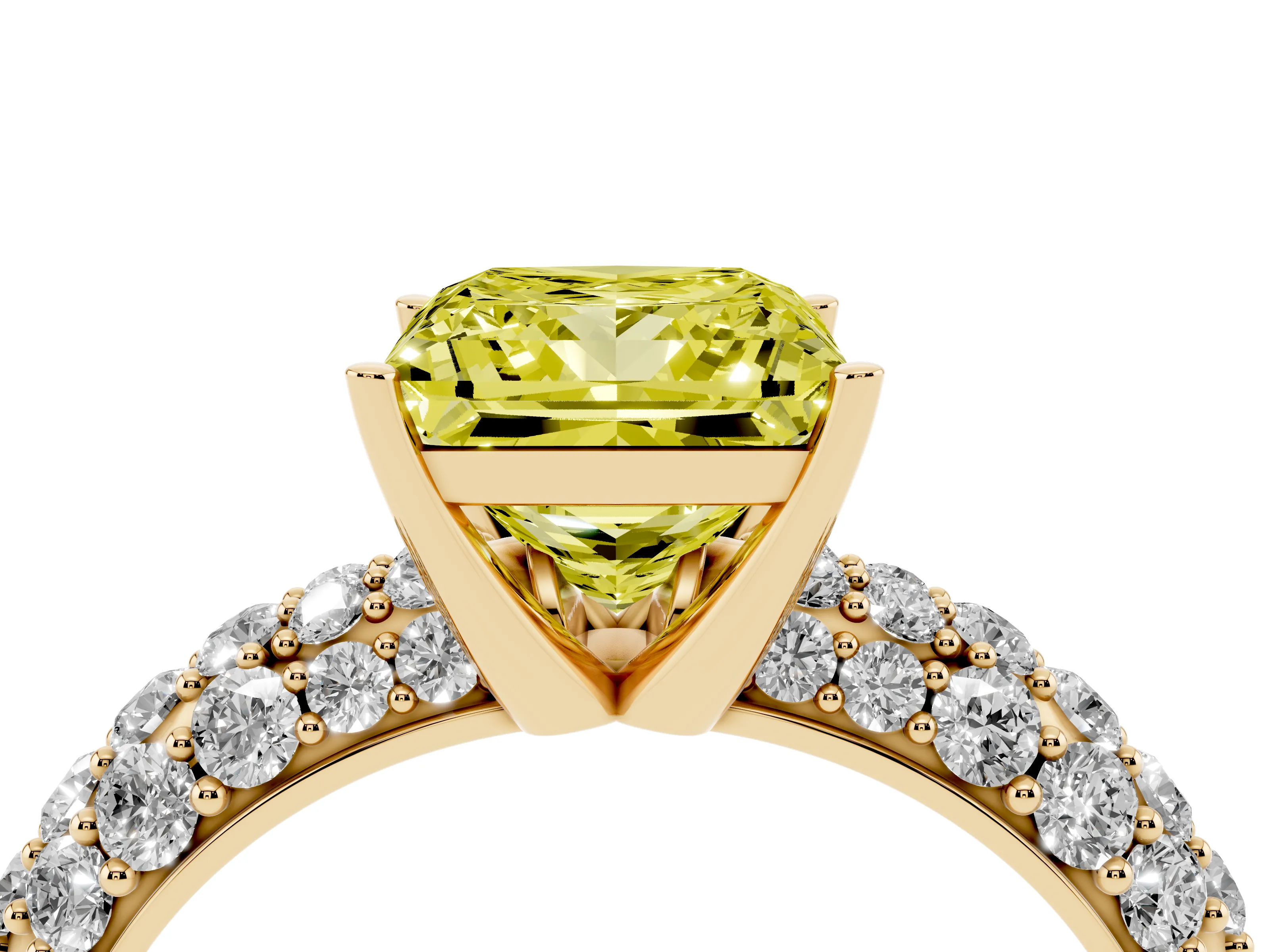 Fancy Yellow Princess Cut Diamond Pavé Band Solitaire Ring Set in Yellow gold with Close-Set Accent Stones and Prong Setting