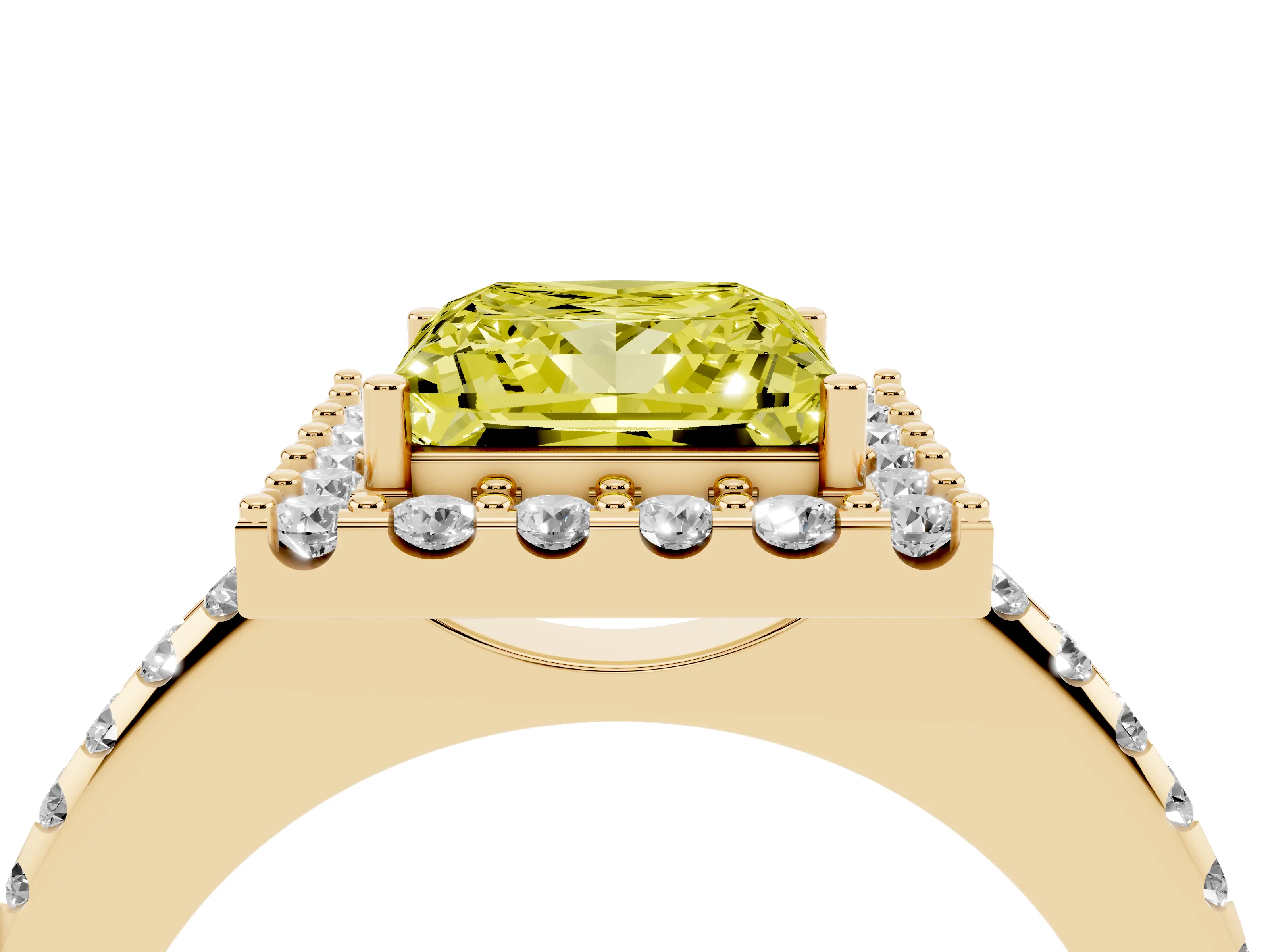 Fancy Yellow Princess Cut Diamond Pavé Halo Ring Set in Yellow gold with Prong Setting
