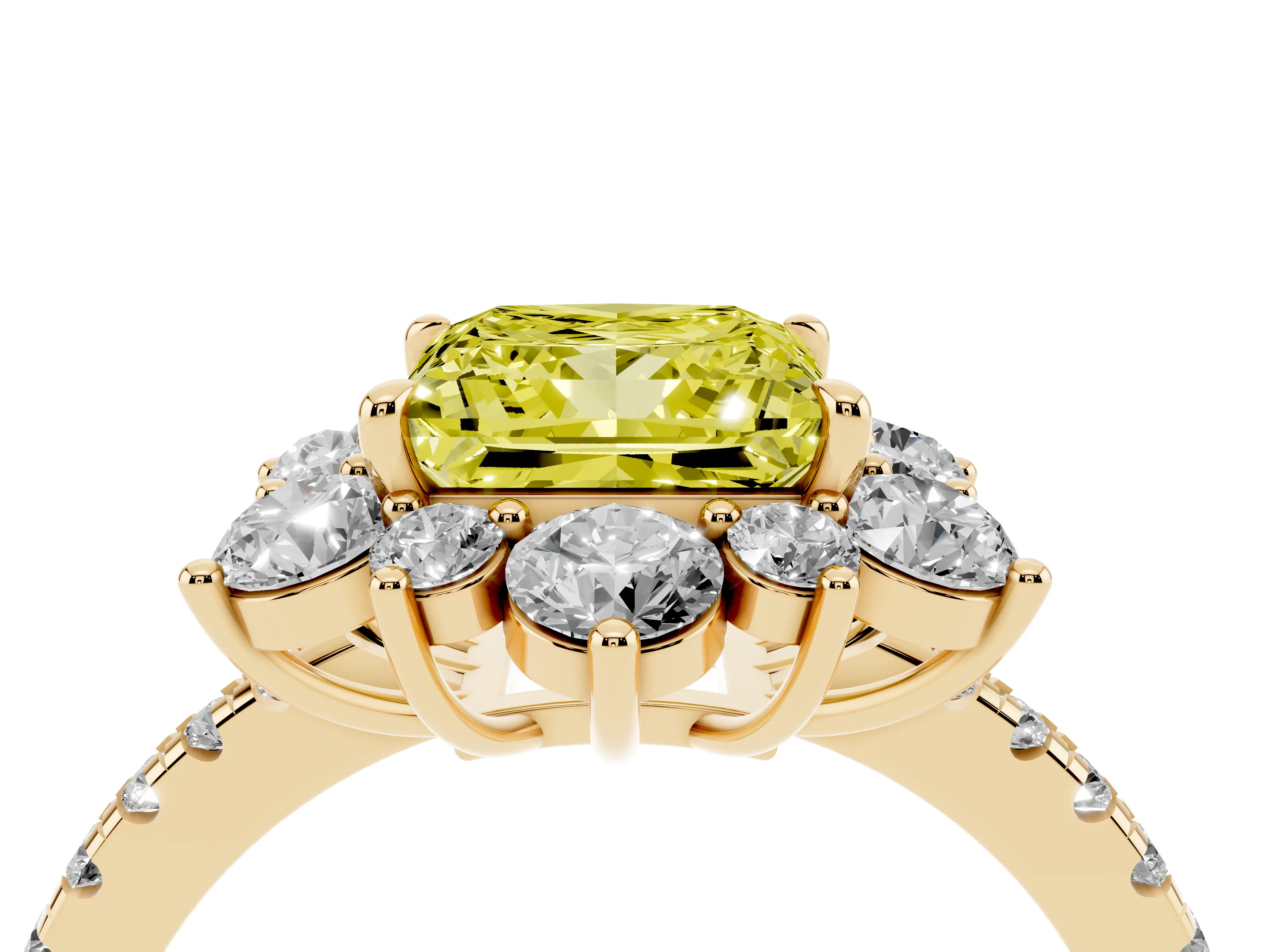 Fancy Yellow Princess Cut Diamond Floral Halo Ring Set in Yellow gold with Round Pavé Band and Prong Setting