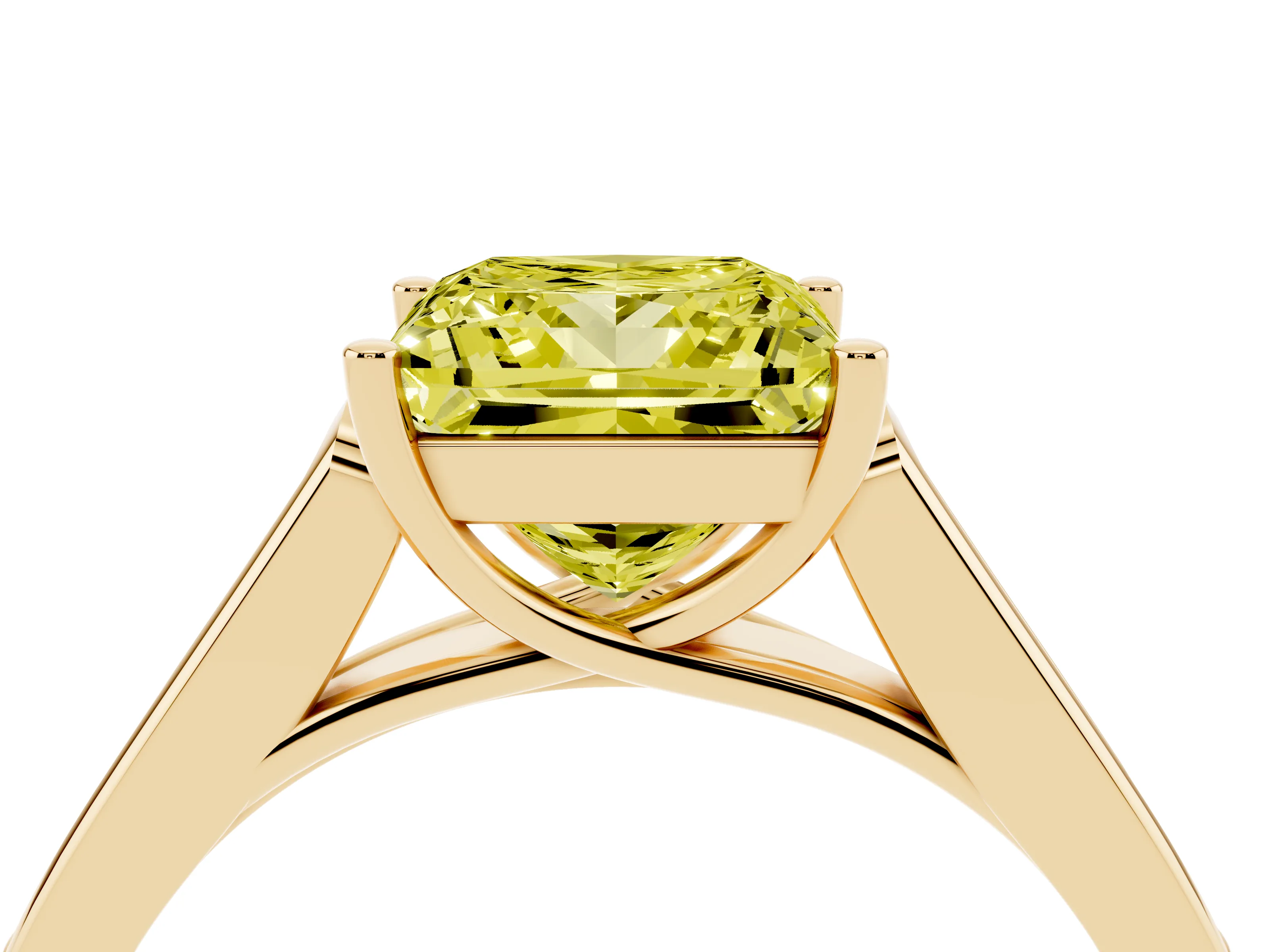Fancy Yellow Princess Cut Diamond Solitaire Cathedral Engagement Ring Set in Yellow gold with Channel-Set Band and Prong Setting