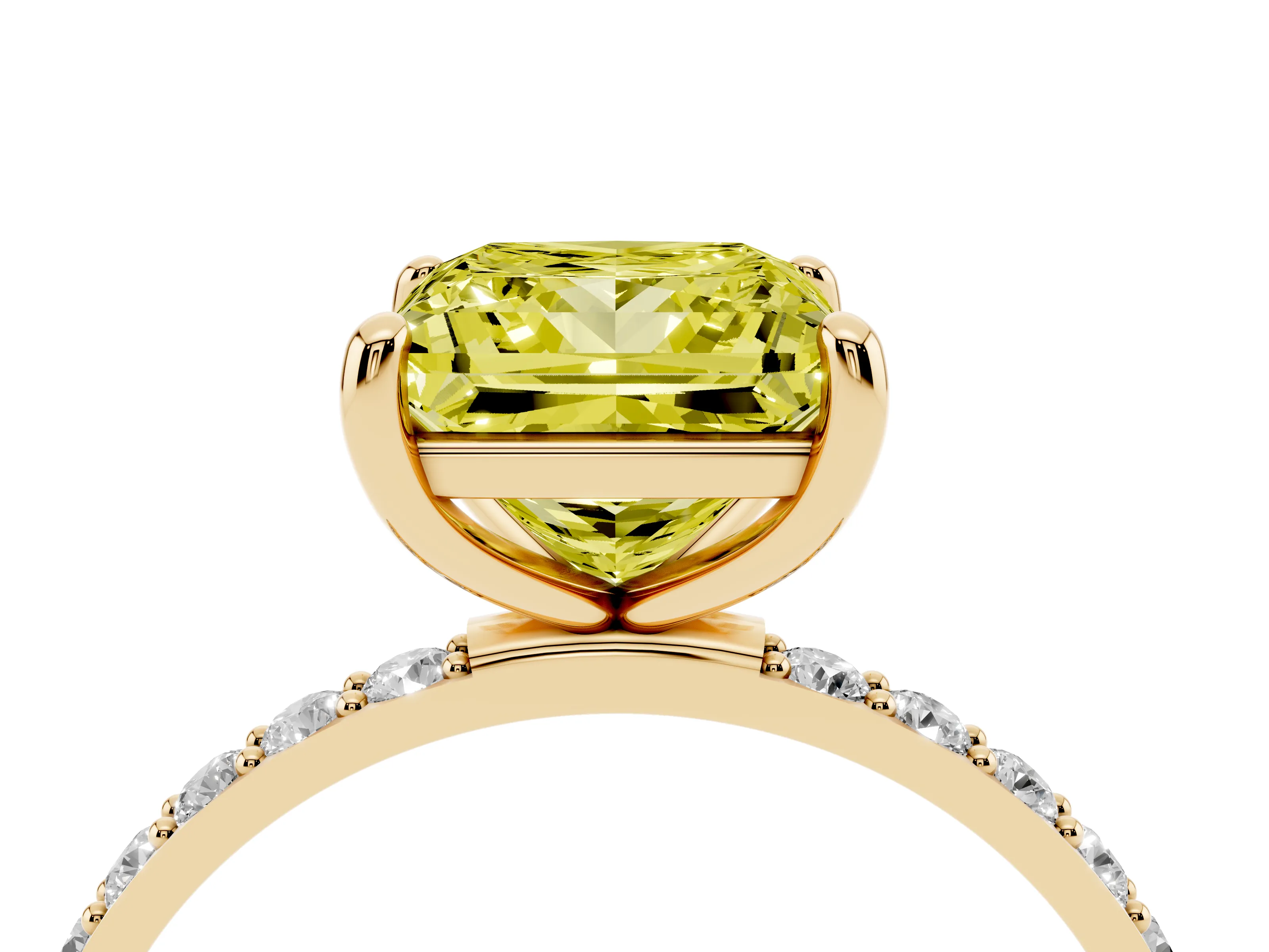 Fancy Yellow Princess Cut Diamond Solitaire Ring Set in Yellow gold with Round Pavé Band and Prong Setting
