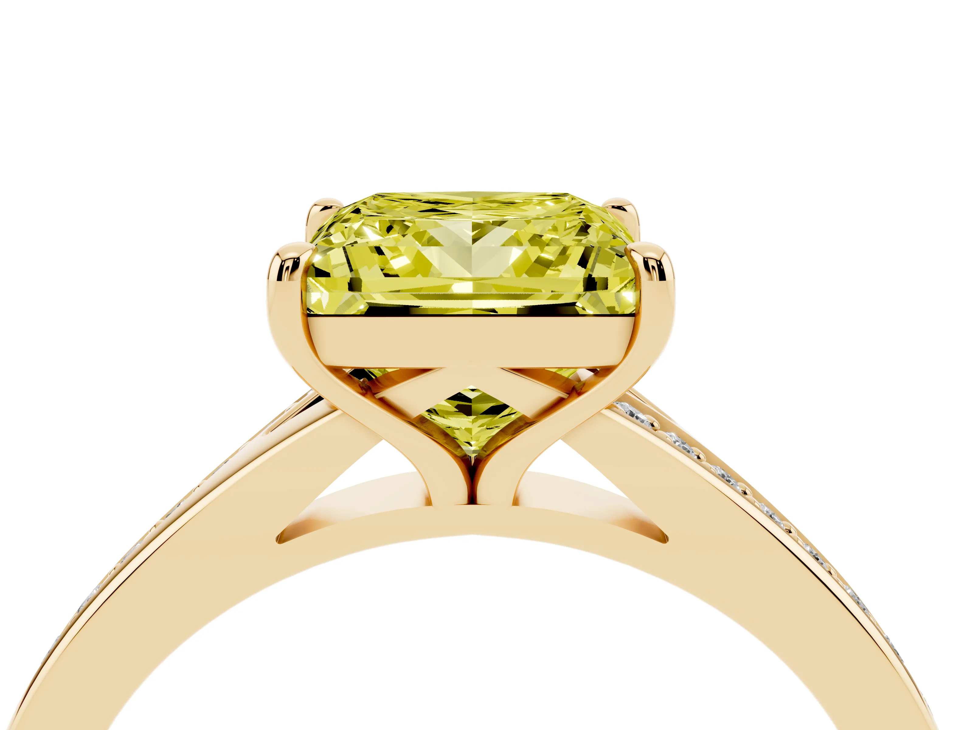 Fancy Yellow Princess Cut Diamond Solitaire Ring Set in Yellow gold with Pavé Accent Band and Classic Prong Setting