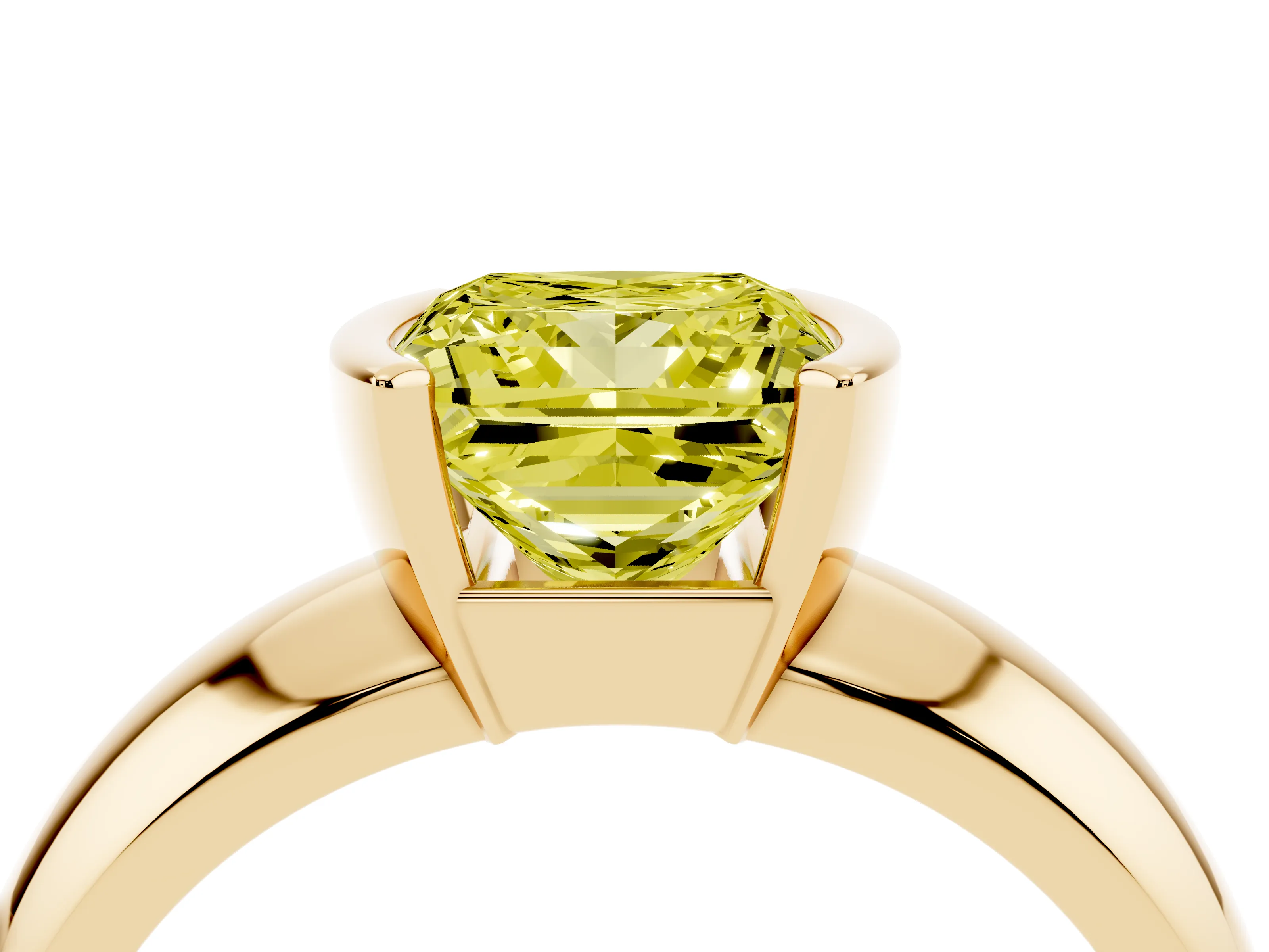 Fancy Yellow Princess Cut Diamond Solitaire Tension Set Ring Set in Yellow gold with Wide Band