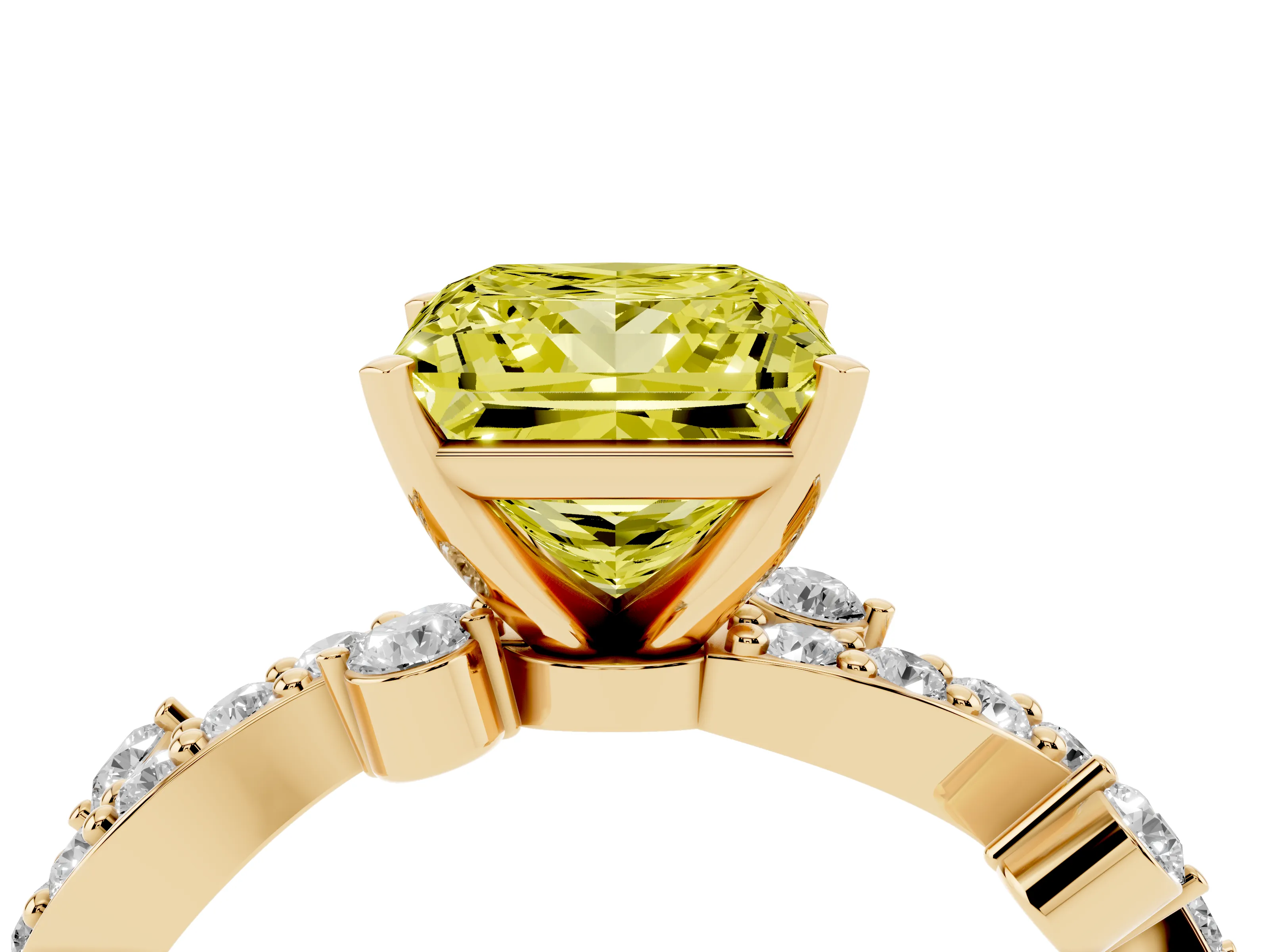 Fancy Yellow Princess Cut Diamond Solitaire Twisted Band Set in Yellow gold with Pavé Setting