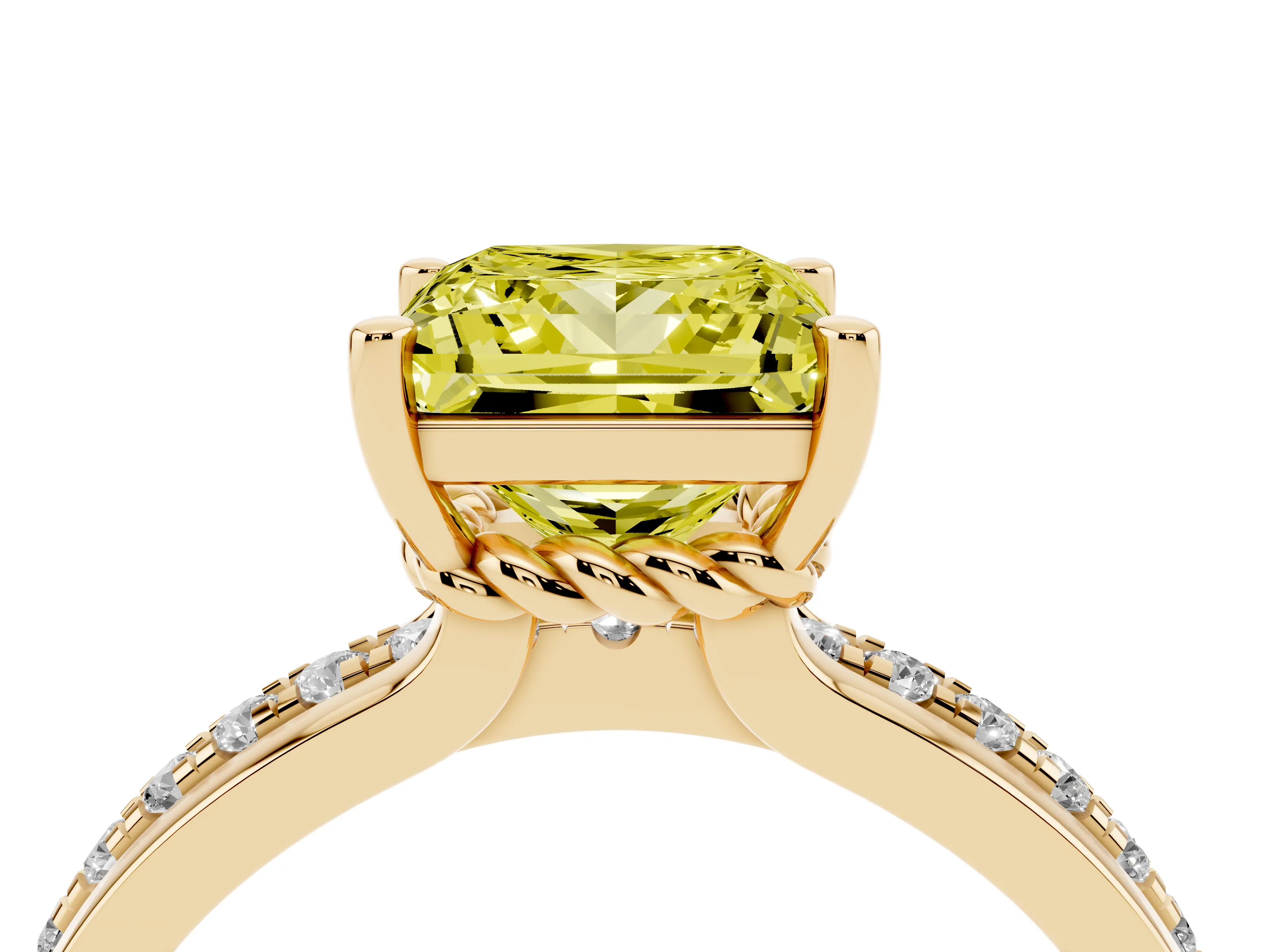 Fancy Yellow Princess Cut Diamond Solitaire Ring Set in Yellow gold with Channel Set Band and Prong Setting