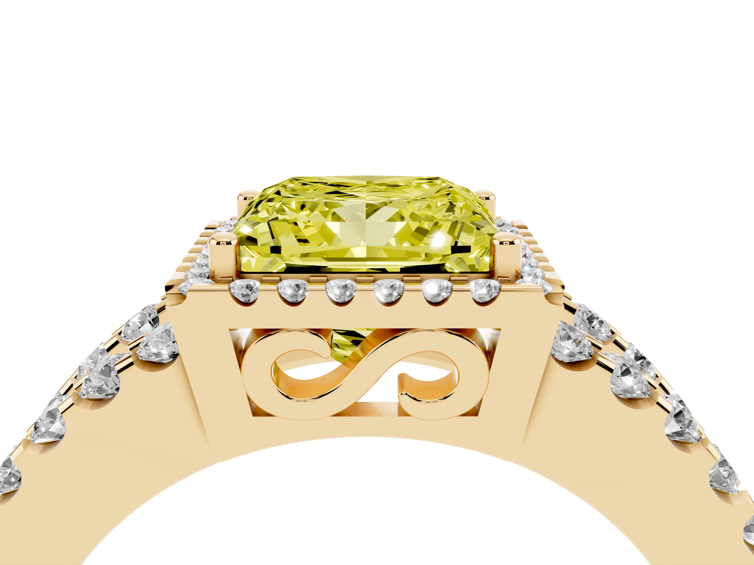 Fancy Yellow Princess Cut Diamond Halo Ring Set in Yellow gold with Pavé Split Shank and Prong Setting