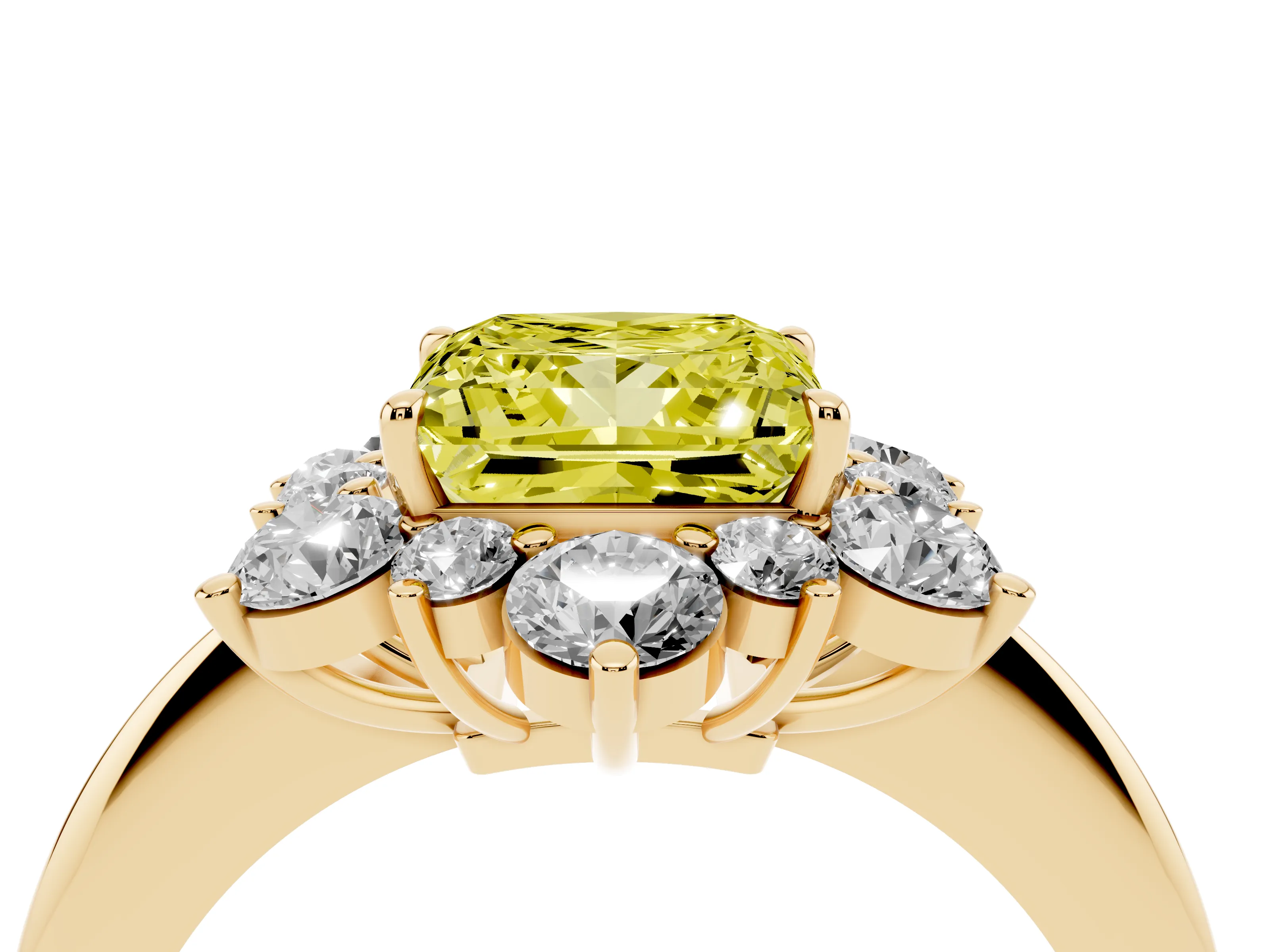 Fancy Yellow Princess Cut Diamond Cluster Halo Ring Set in Yellow gold with Solitaire Band and Prong Setting