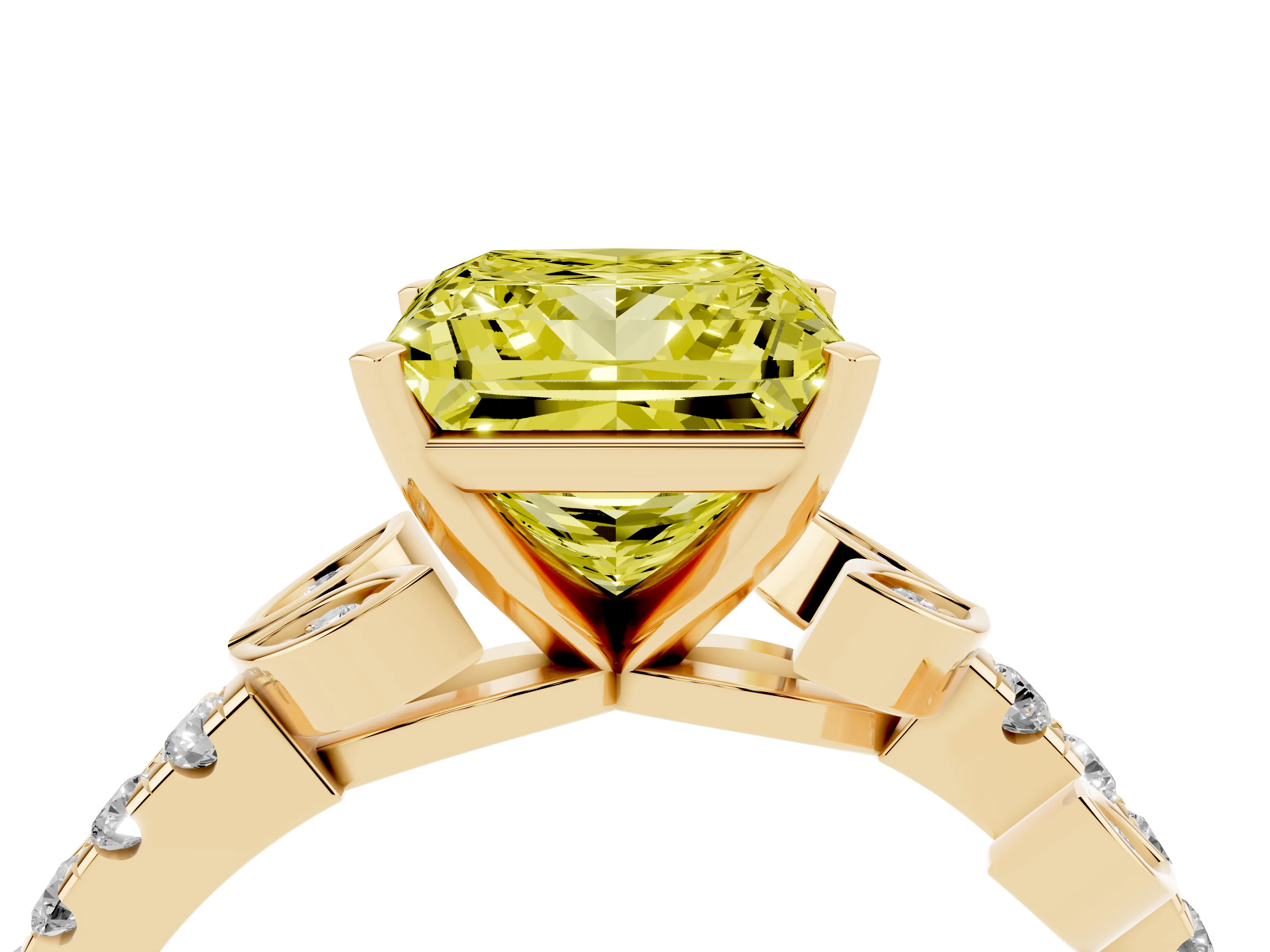 Fancy Yellow Princess Cut Diamond Solitaire Leaf-Inspired Ring Set in Yellow gold with Pavé Band and Prong Setting