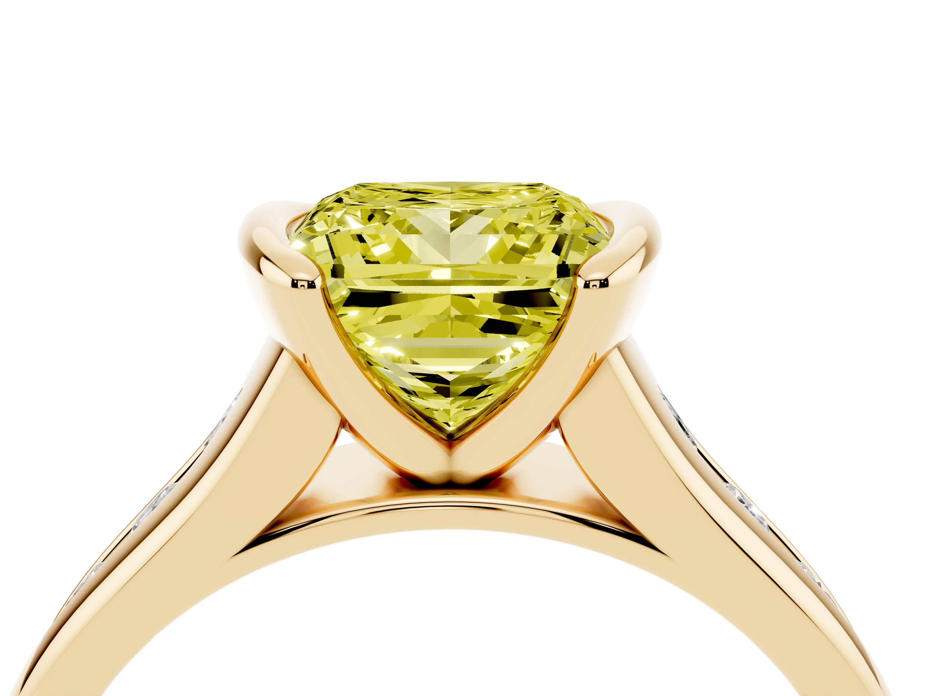 Fancy Yellow Princess Cut Diamond Bezel-Set Solitaire Ring Set in Yellow gold with Channel-Set Band
