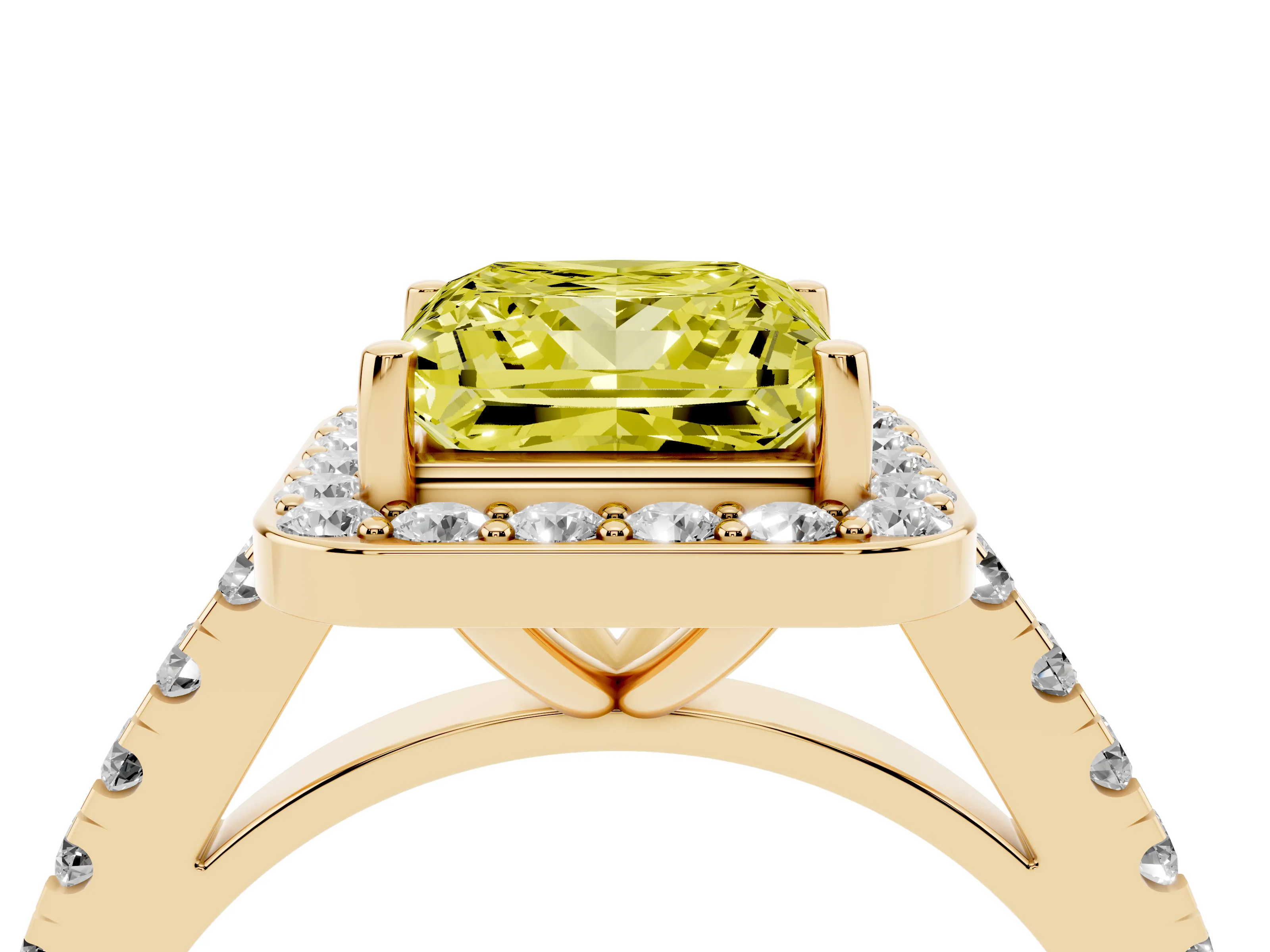 Fancy Yellow Princess Cut Diamond Halo Ring Set in Yellow gold with Round Pavé Split Shank and Prong Setting