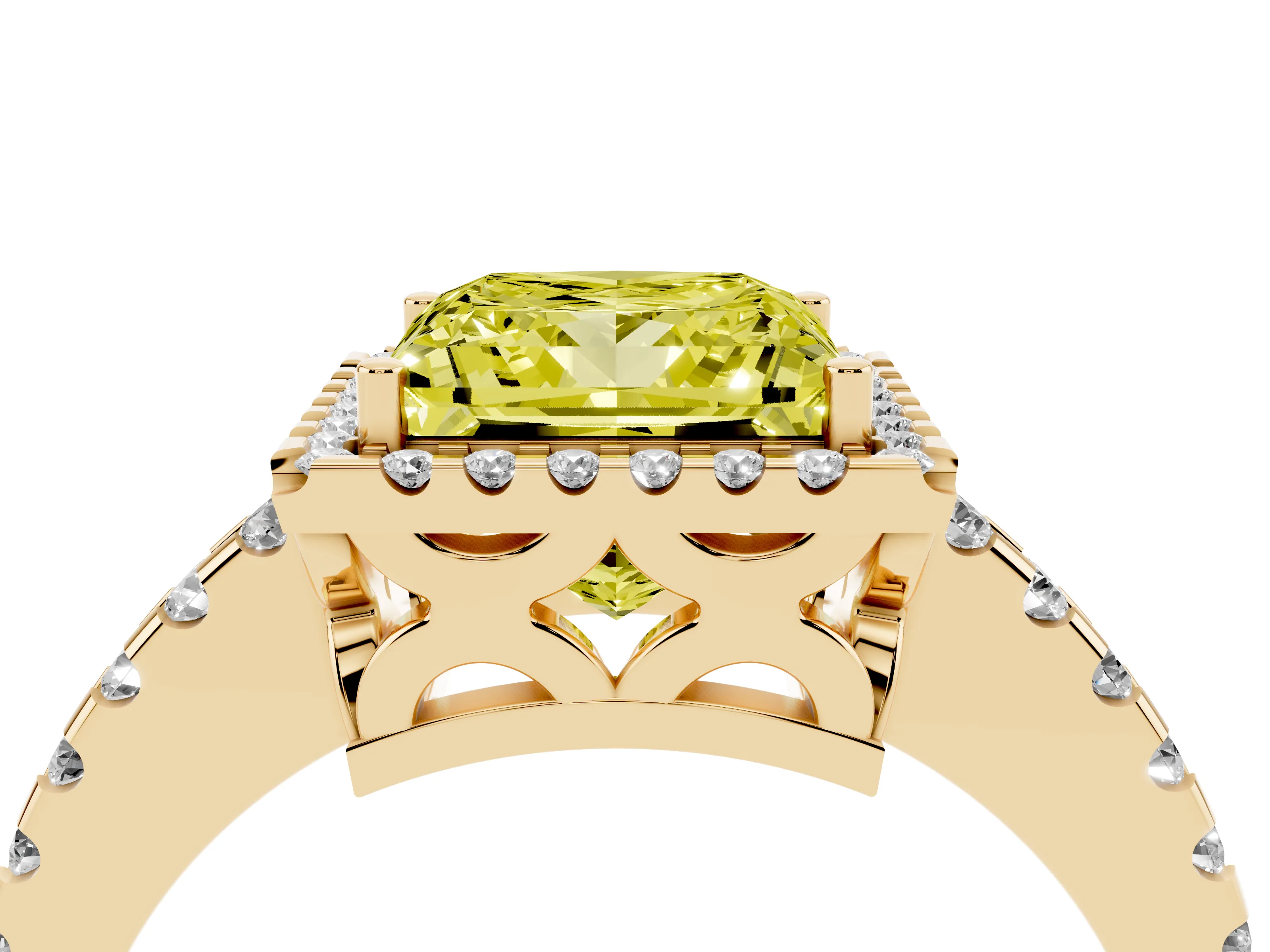 Fancy Yellow Princess Cut Diamond Halo Ring Set in Yellow gold with Pavé Shoulders and Halo-Framed Center