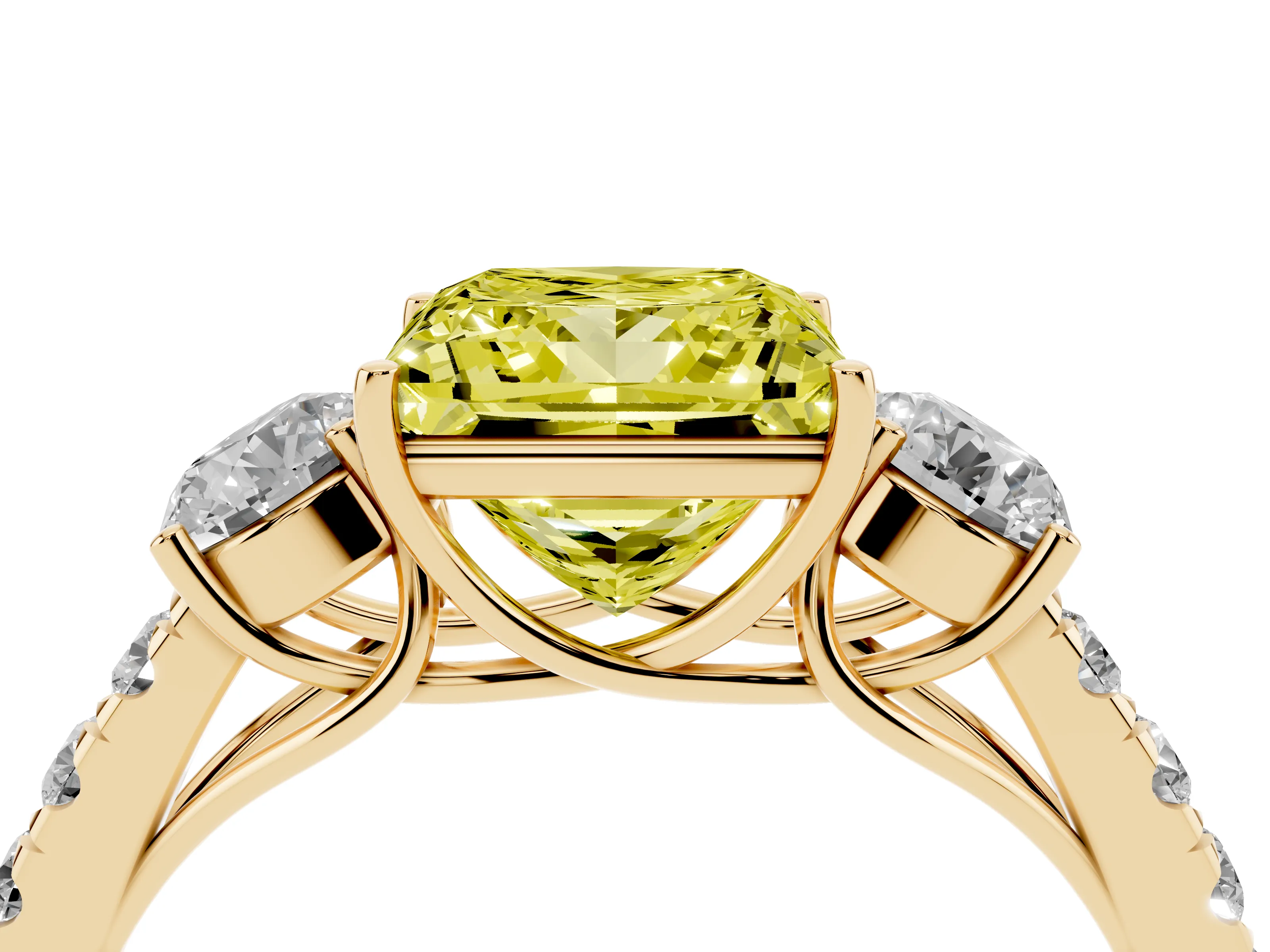 Fancy Yellow Princess Cut Diamond Three-Stone Ring Set in Yellow gold with Round Side Stones and Delicate Pavé Band
