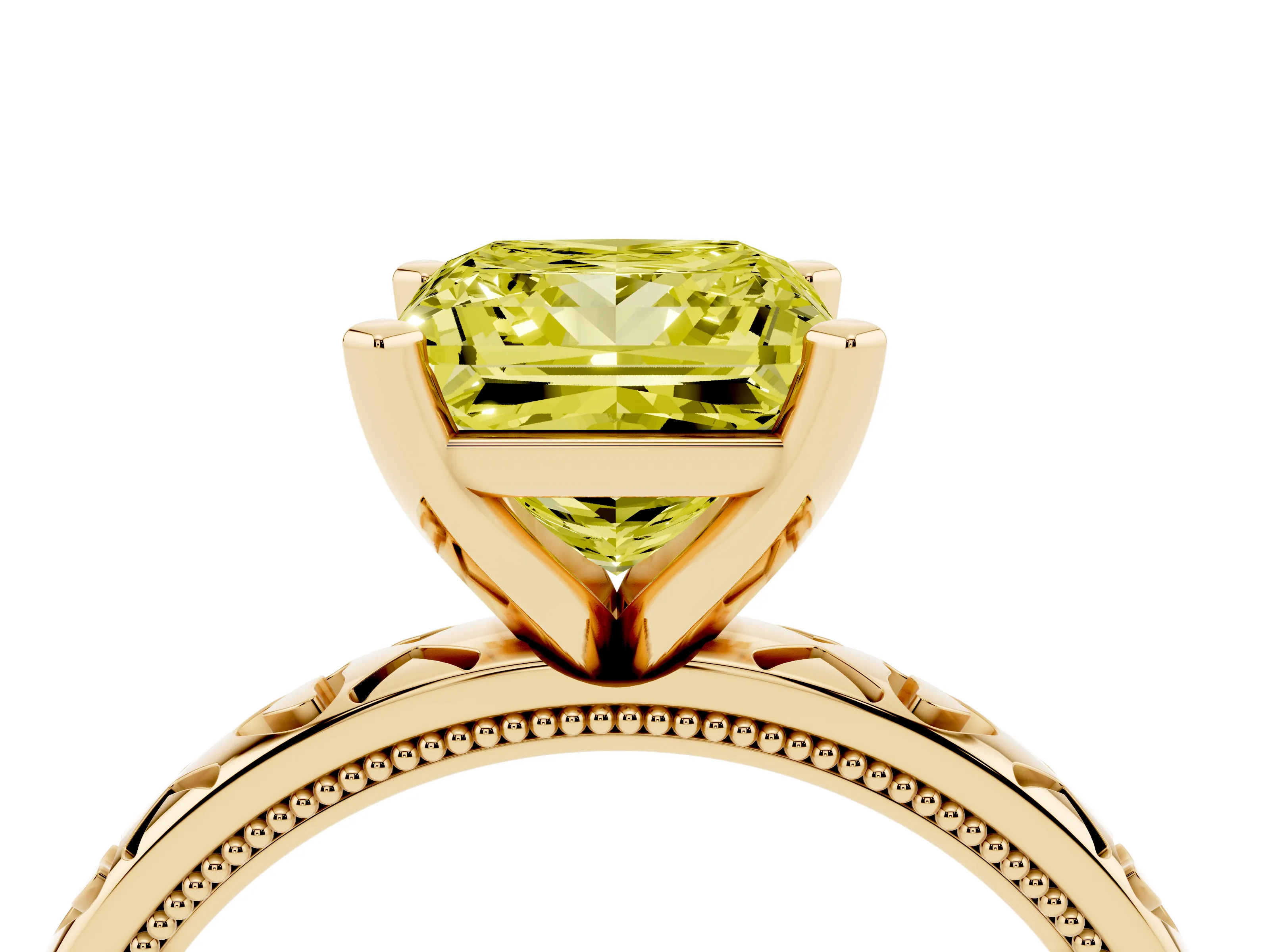 Fancy Yellow Princess Cut Diamond Solitaire Engagement Ring Set in Yellow gold with XO Engraved Band and Prong Setting