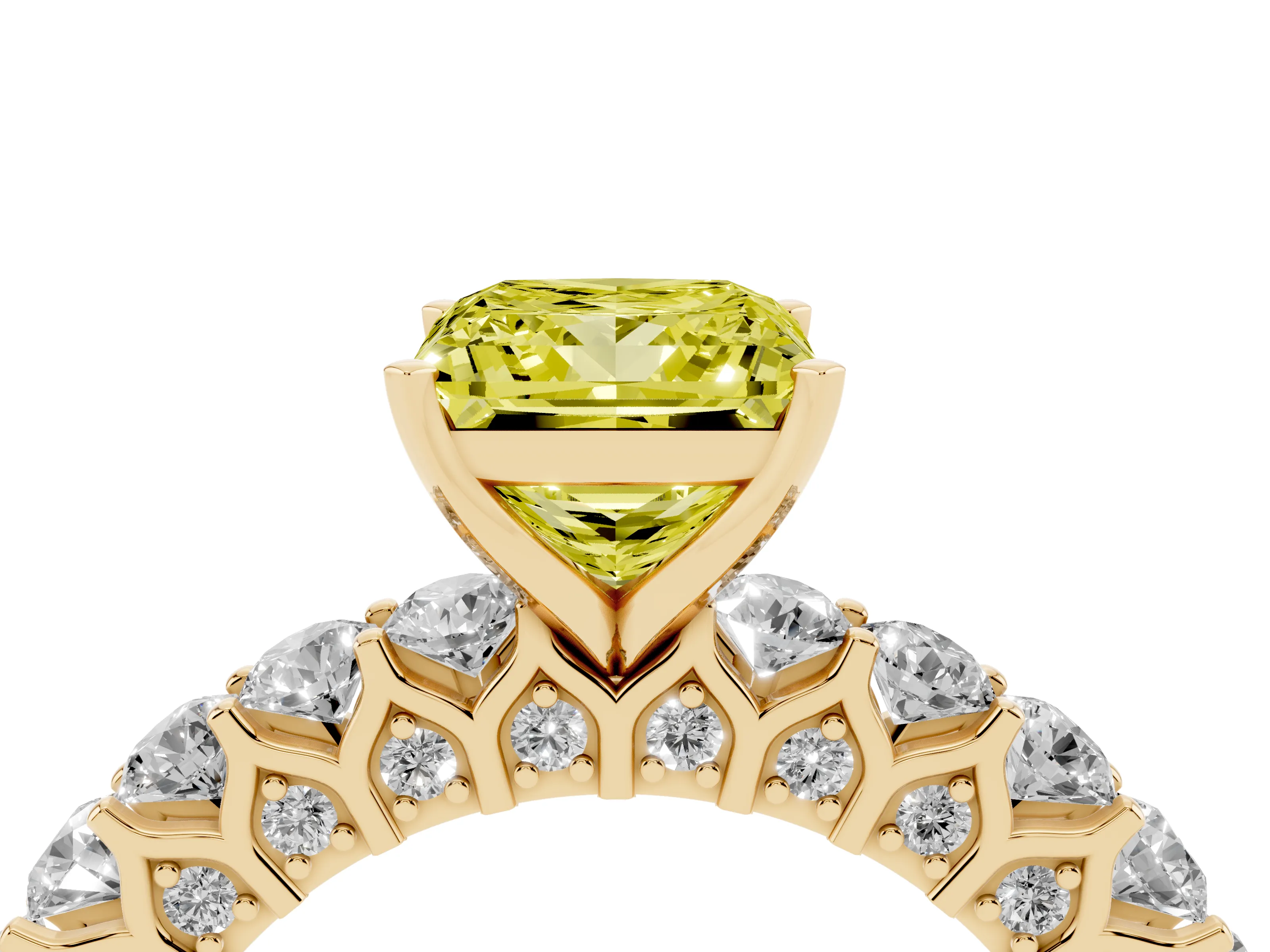 Fancy Yellow Princess Cut Diamond Solitaire Ring Set in Yellow gold with Shared Prong Pavé Band