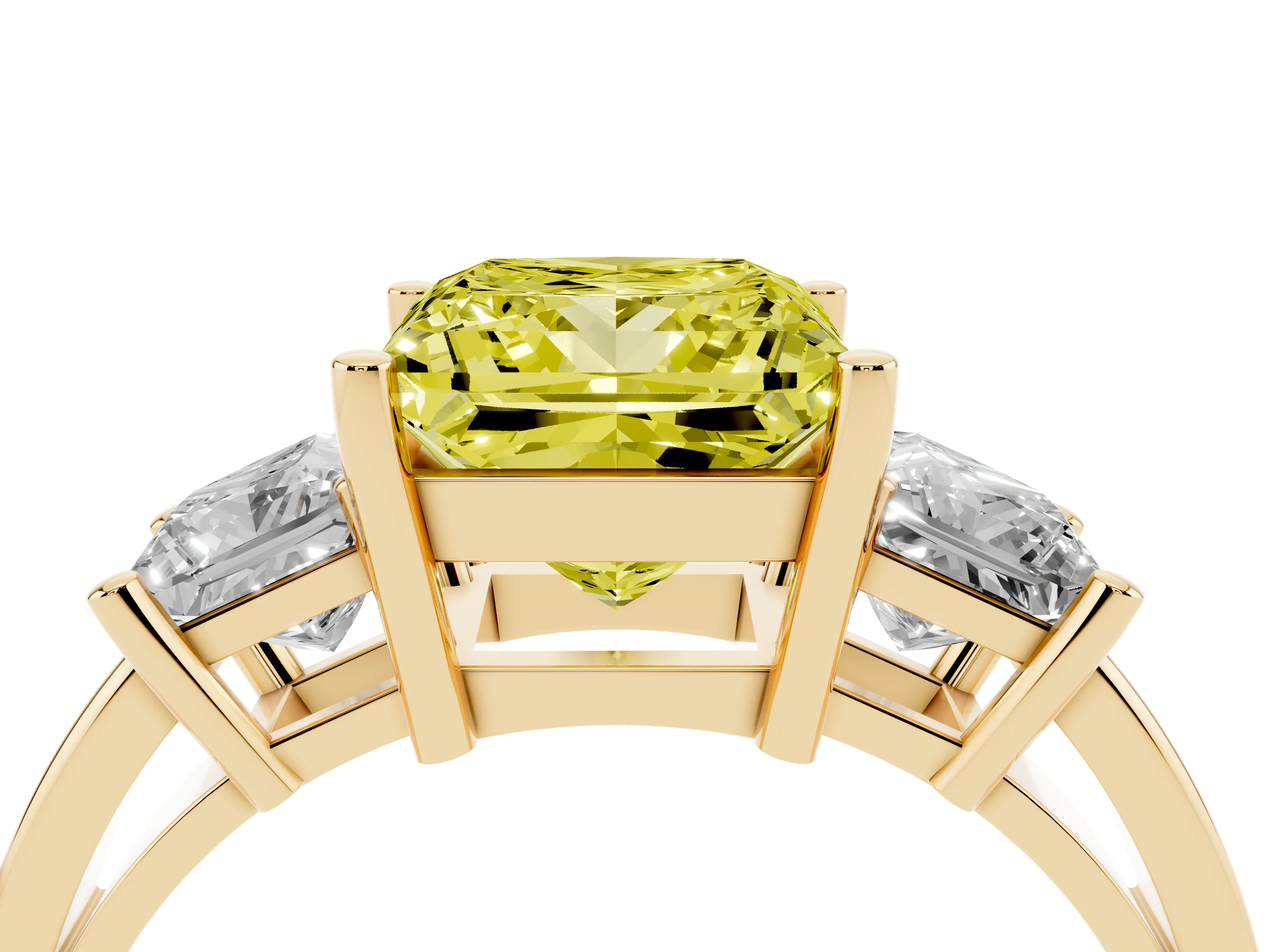 Fancy Yellow Three-Stone Princess Cut Diamond Solitaire Ring Set in Yellow gold with Prong Setting