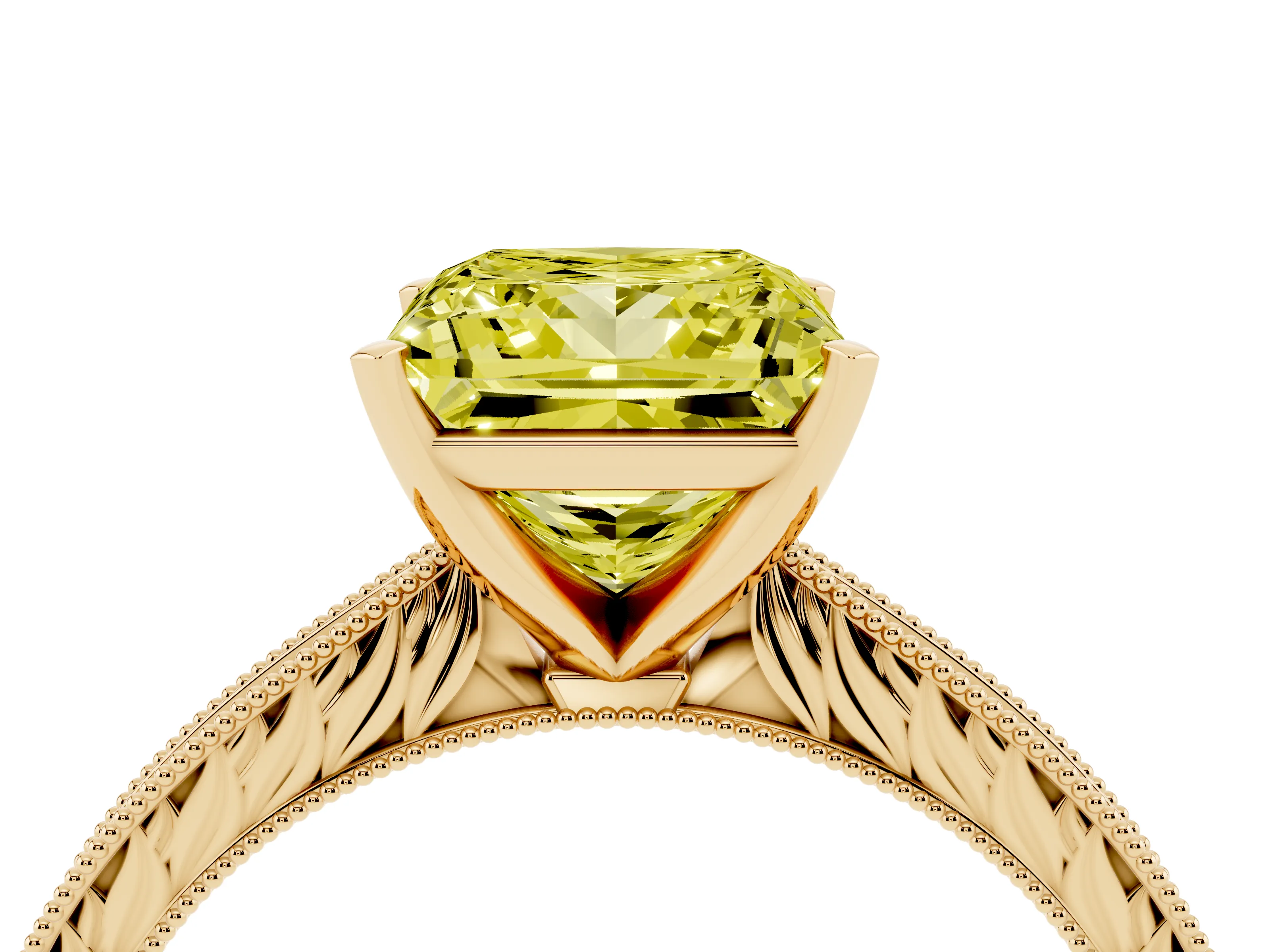 Fancy Yellow Princess Cut Diamond Solitaire Milgrain Engraved Band Set in Yellow gold with Prong Setting