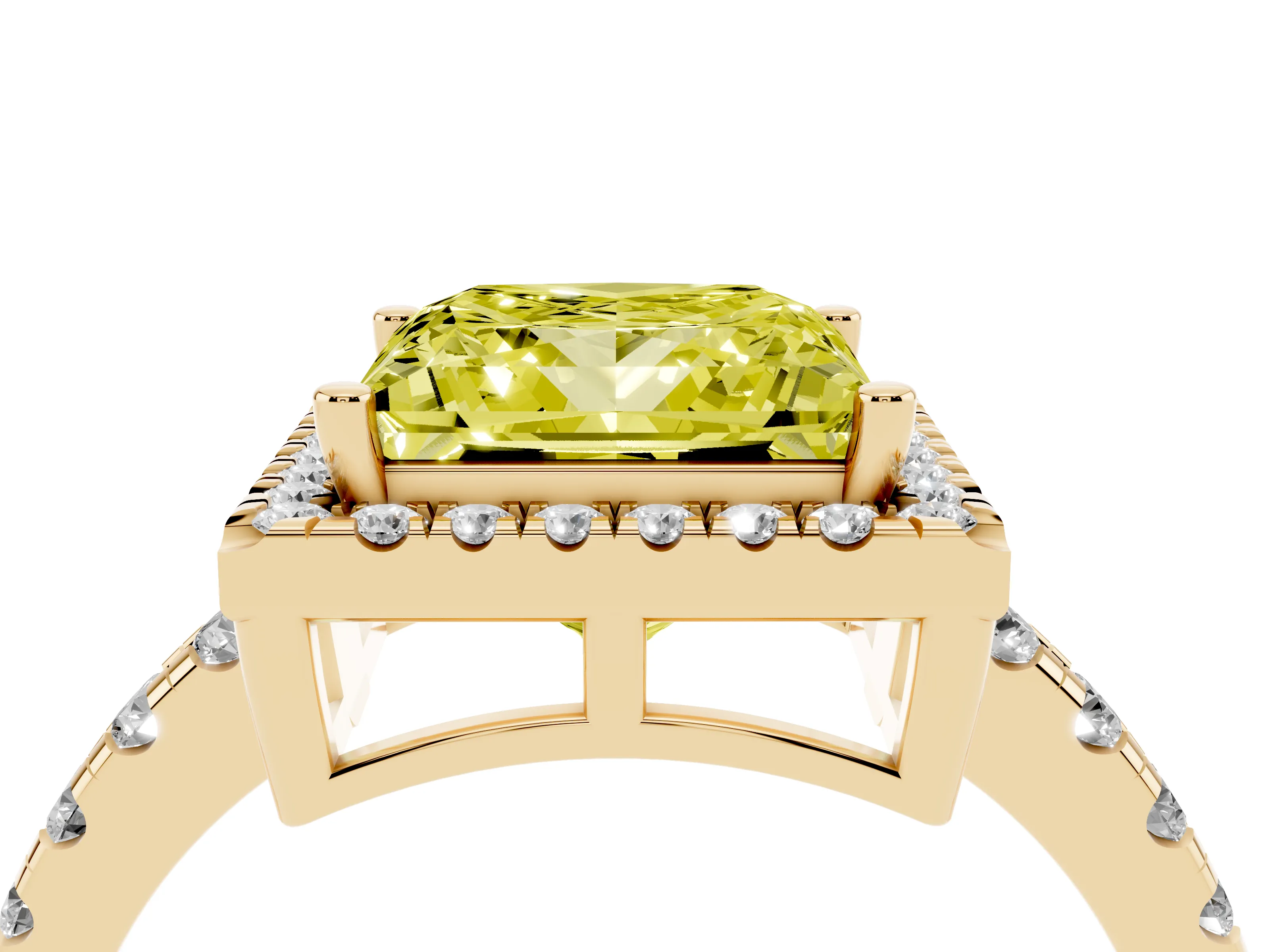 Fancy Yellow Princess Cut Diamond Halo Ring Set in Yellow gold with Delicate Pavé Band and Prong Setting
