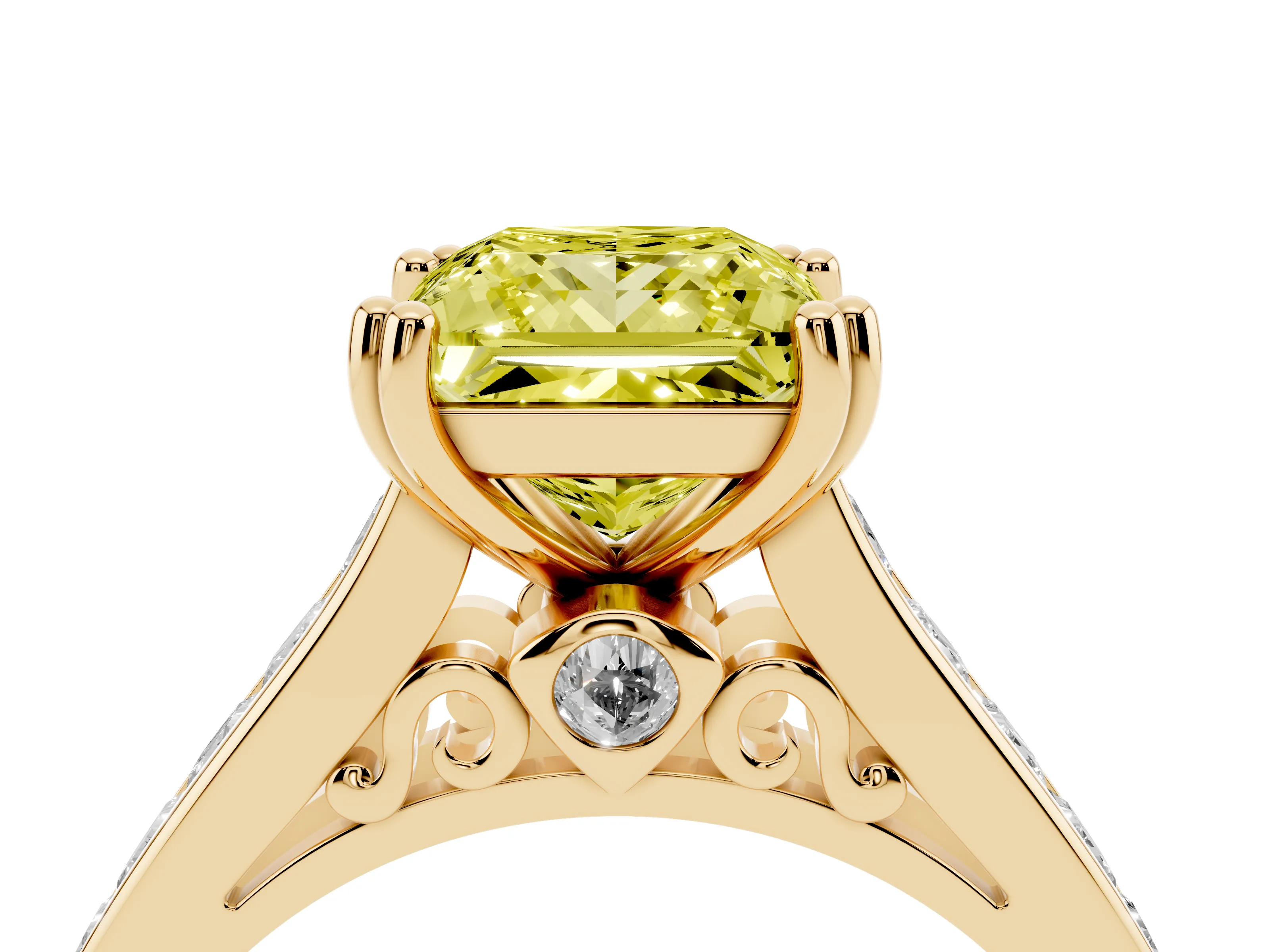 Fancy Yellow Princess Cut Diamond Channel Set Solitaire Engagement Ring Set in Yellow gold with Prong Setting