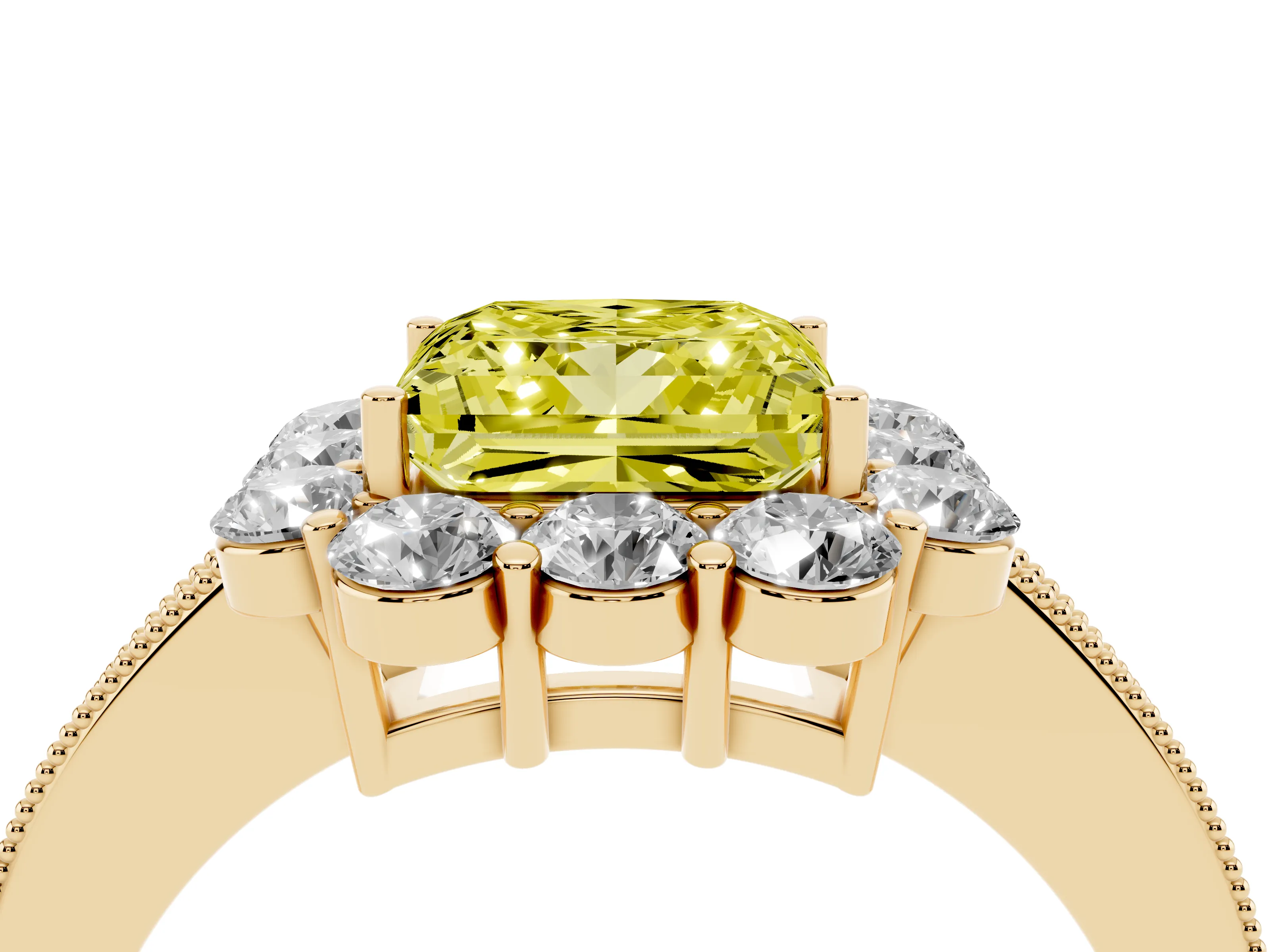 Fancy Yellow Princess Cut Diamond Halo Pavé Engagement Ring Set in Yellow gold with Milgrain Detailing