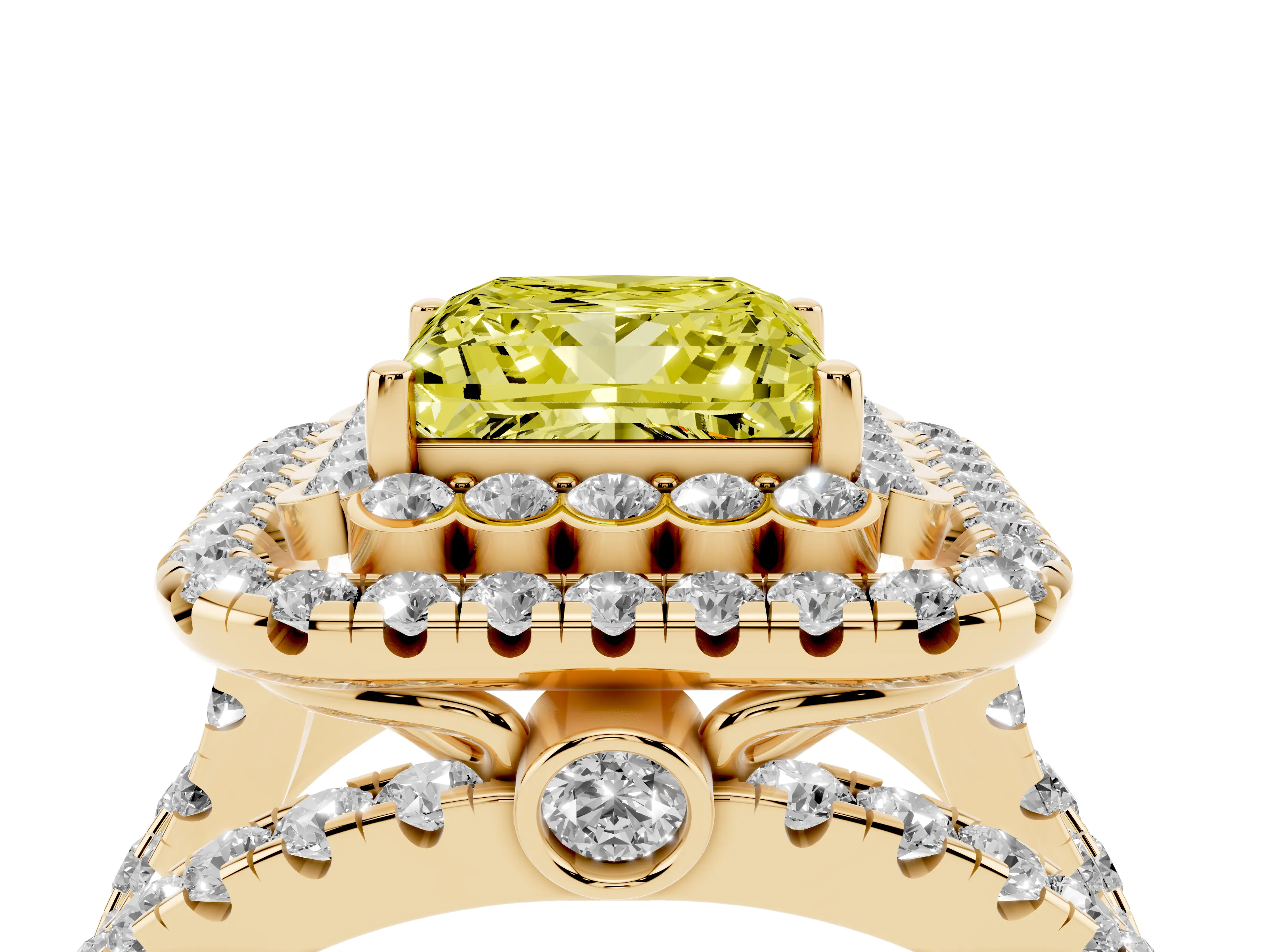 Fancy Yellow Princess Cut Diamond Double Halo Ring Set in Yellow gold with Round Pavé Split Shank