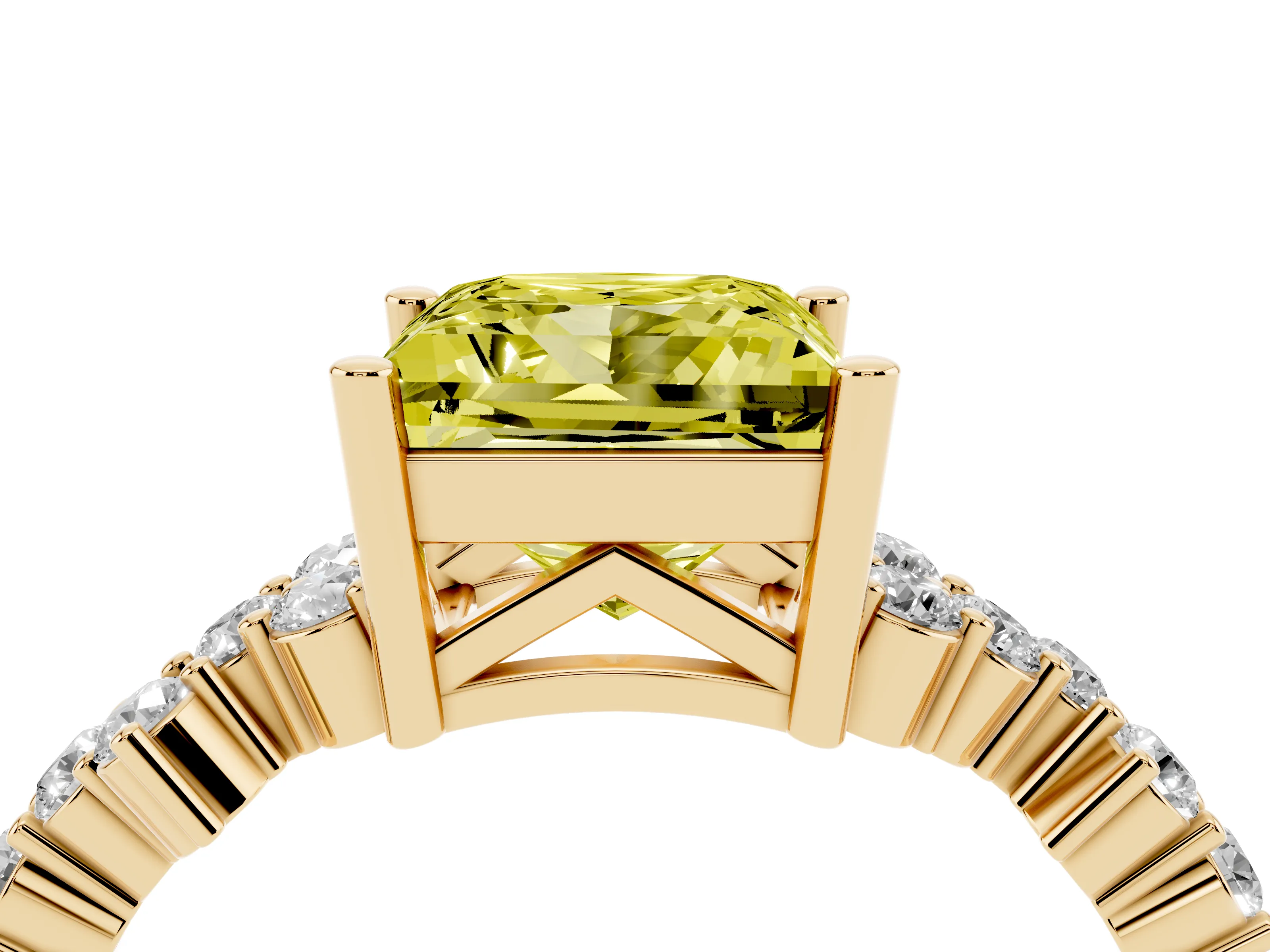 Fancy Yellow Princess Cut Diamond Ring Set in Yellow gold with Scattered Round Accents
