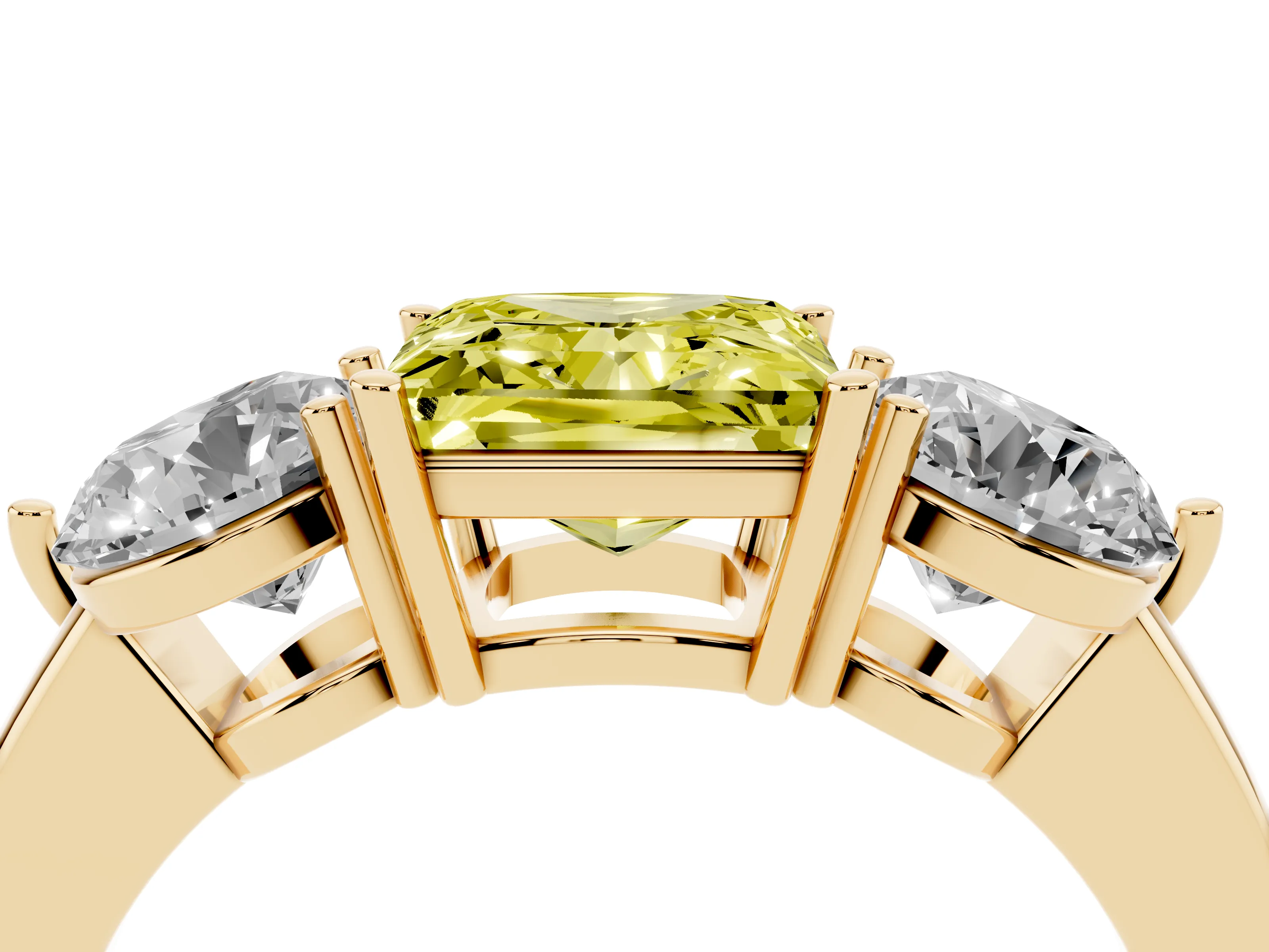 Fancy Yellow Princess Cut Diamond Three-Stone Ring Set in Yellow gold with Prong Setting and Plain Band