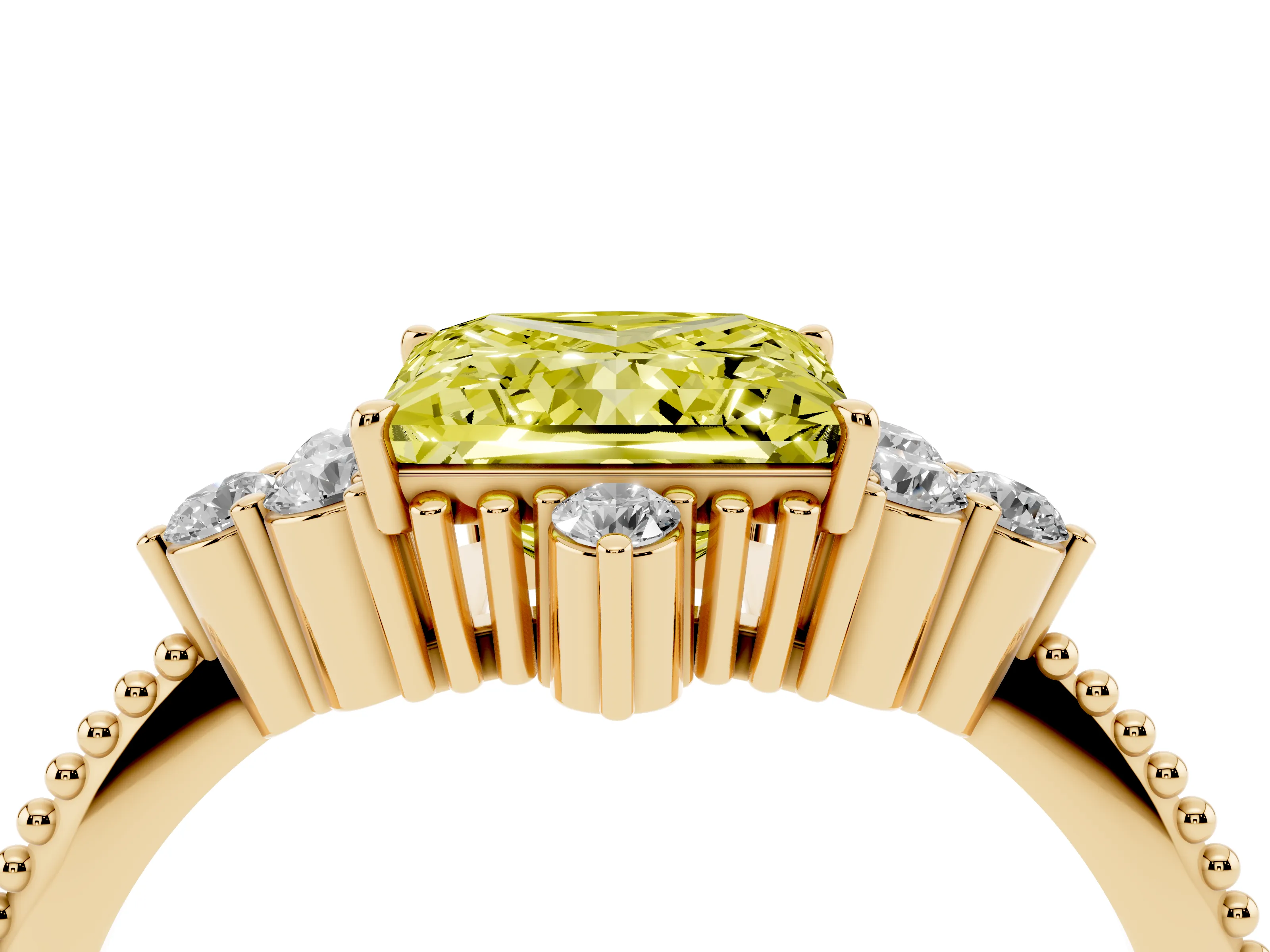 Fancy Yellow Princess Cut Diamond Cluster Ring Set in Yellow gold with Beaded Band