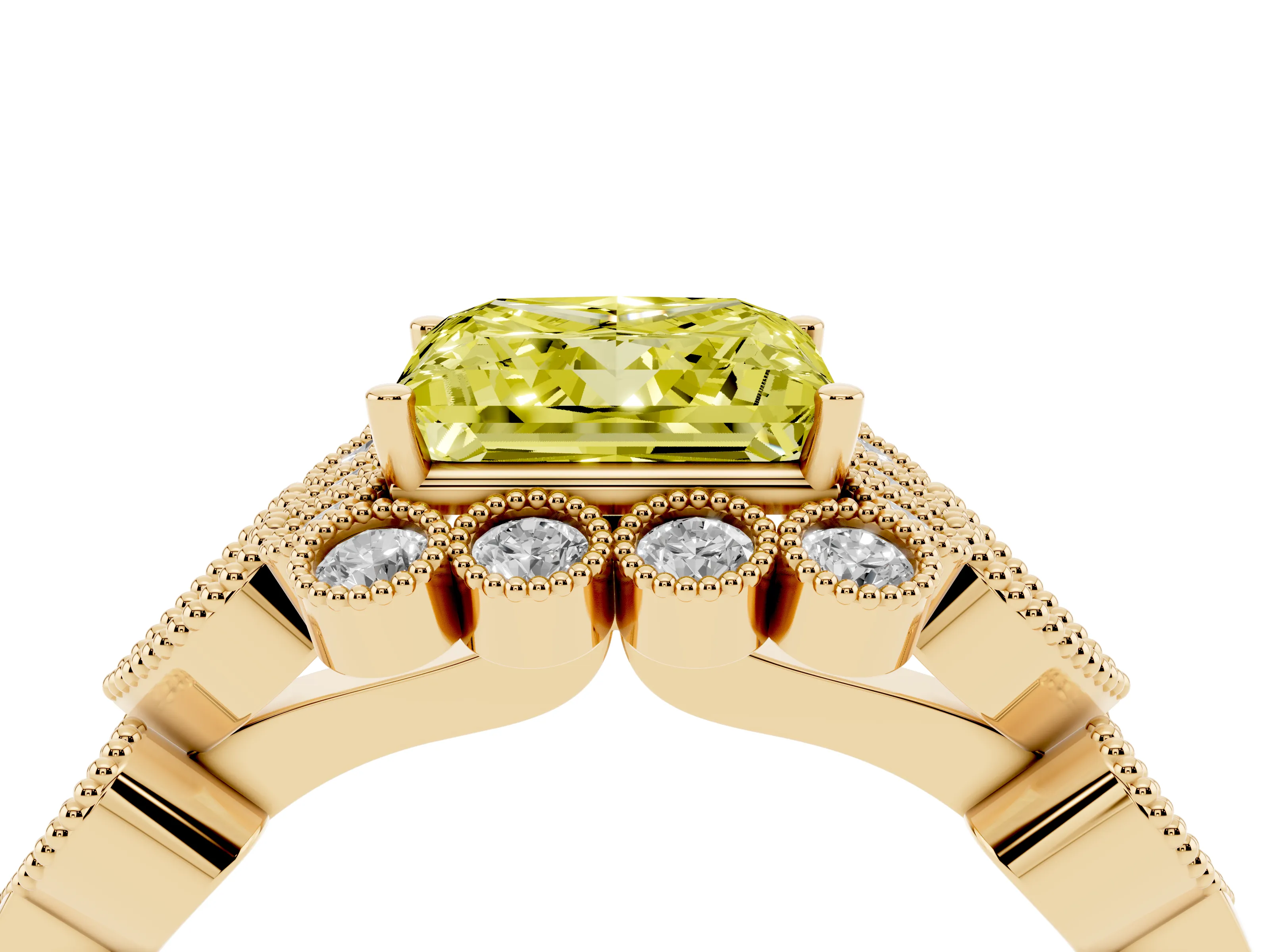 Fancy Yellow Princess Cut Diamond Solitaire Ring Set in Yellow gold with Milgrain Pavé Heart Band