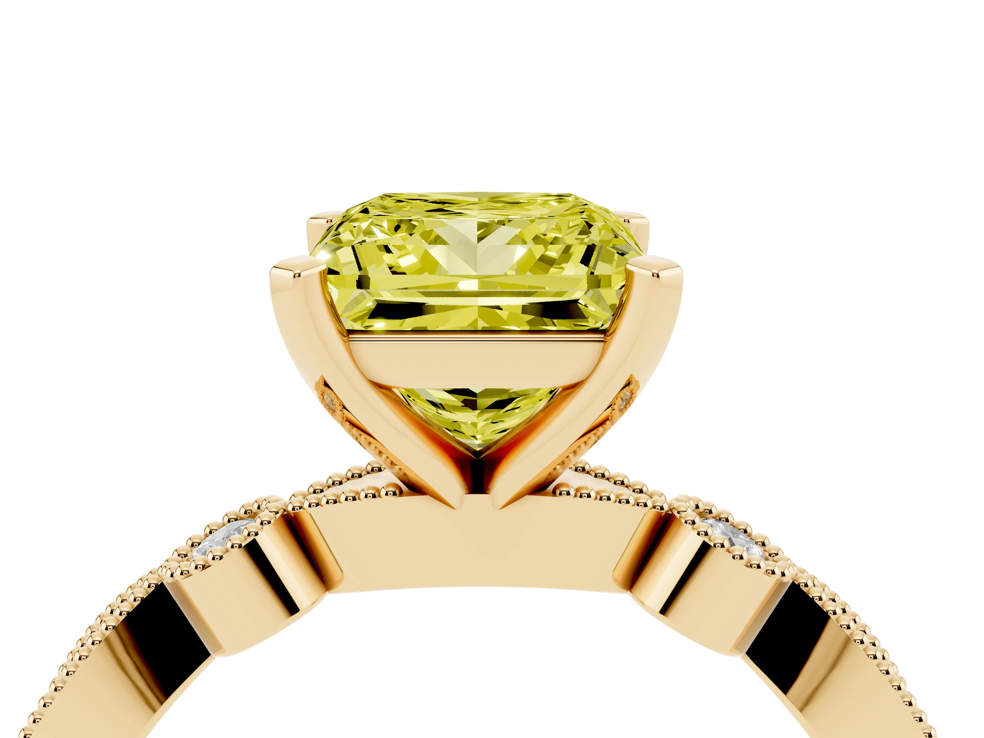Fancy Yellow Princess Cut Diamond Solitaire Engagement Ring Set in Yellow gold with Milgrain Bezel Accent Band